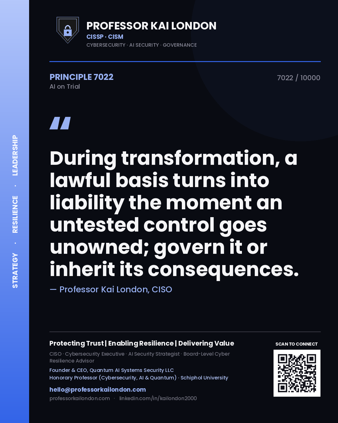 Professor Kai London principle 7022: During transformation, a lawful basis turns into liability the moment an untested control goes unowned; govern it or inherit its consequences.