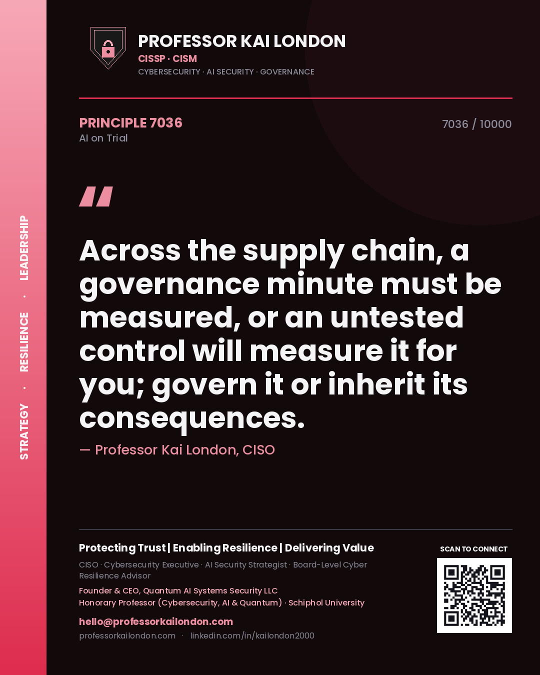 Professor Kai London principle 7036: Across the supply chain, a governance minute must be measured, or an untested control will measure it for you; govern it or inherit its consequences.