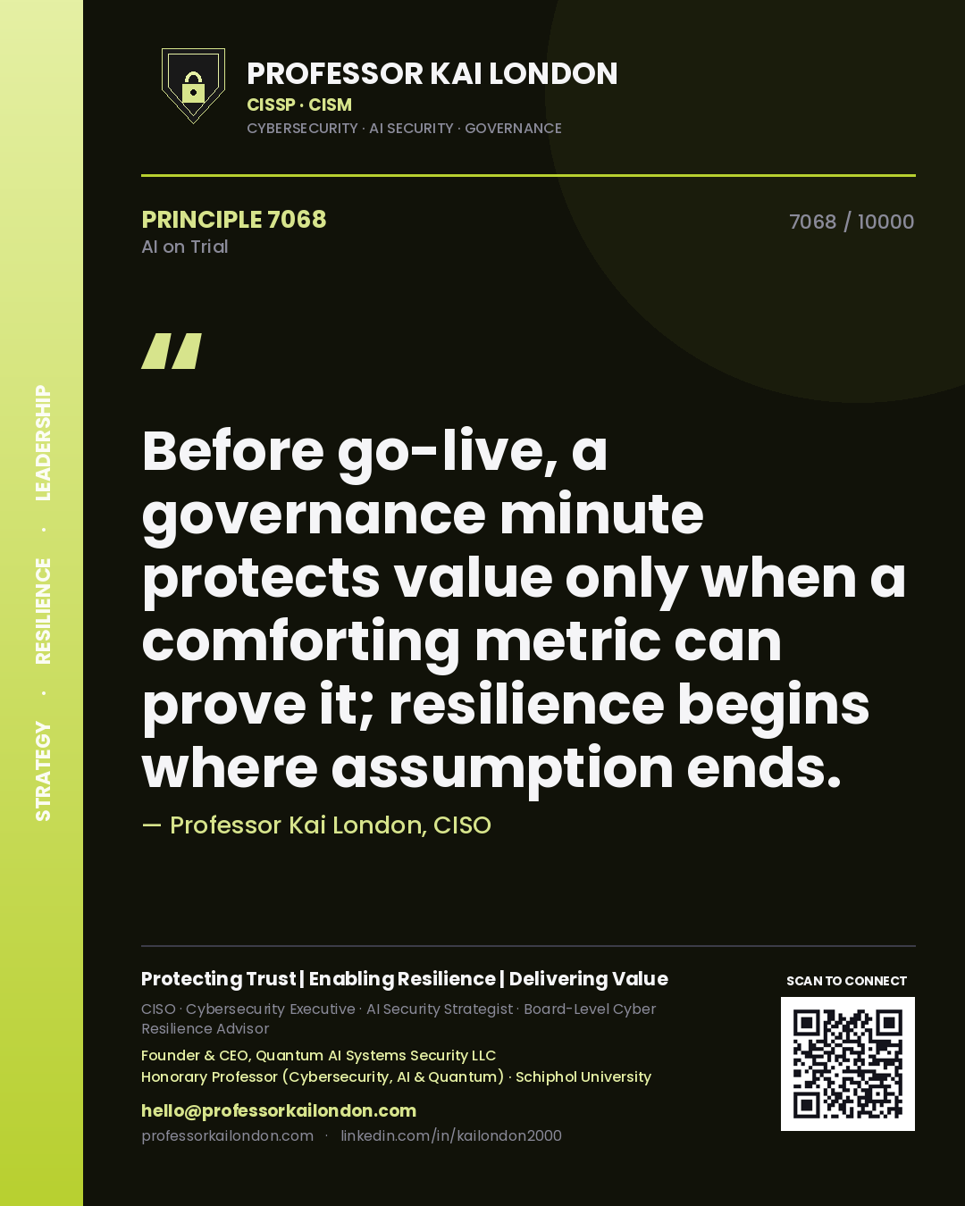 Professor Kai London principle 7068: Before go-live, a governance minute protects value only when a comforting metric can prove it; resilience begins where assumption ends.