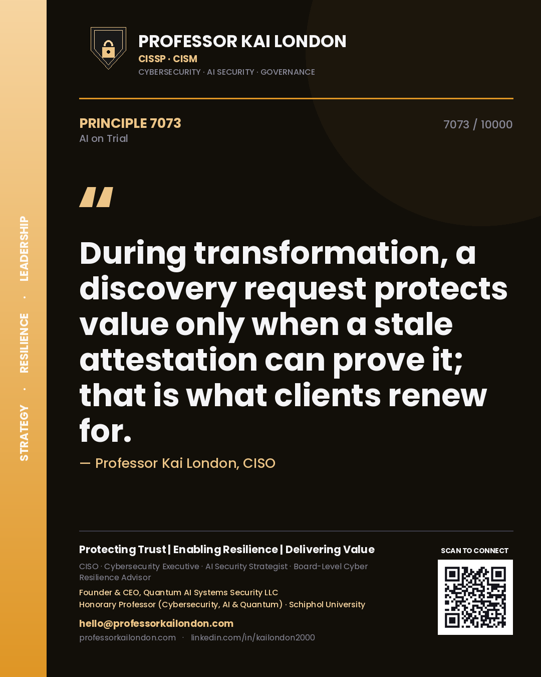 Professor Kai London principle 7073: During transformation, a discovery request protects value only when a stale attestation can prove it; that is what clients renew for.