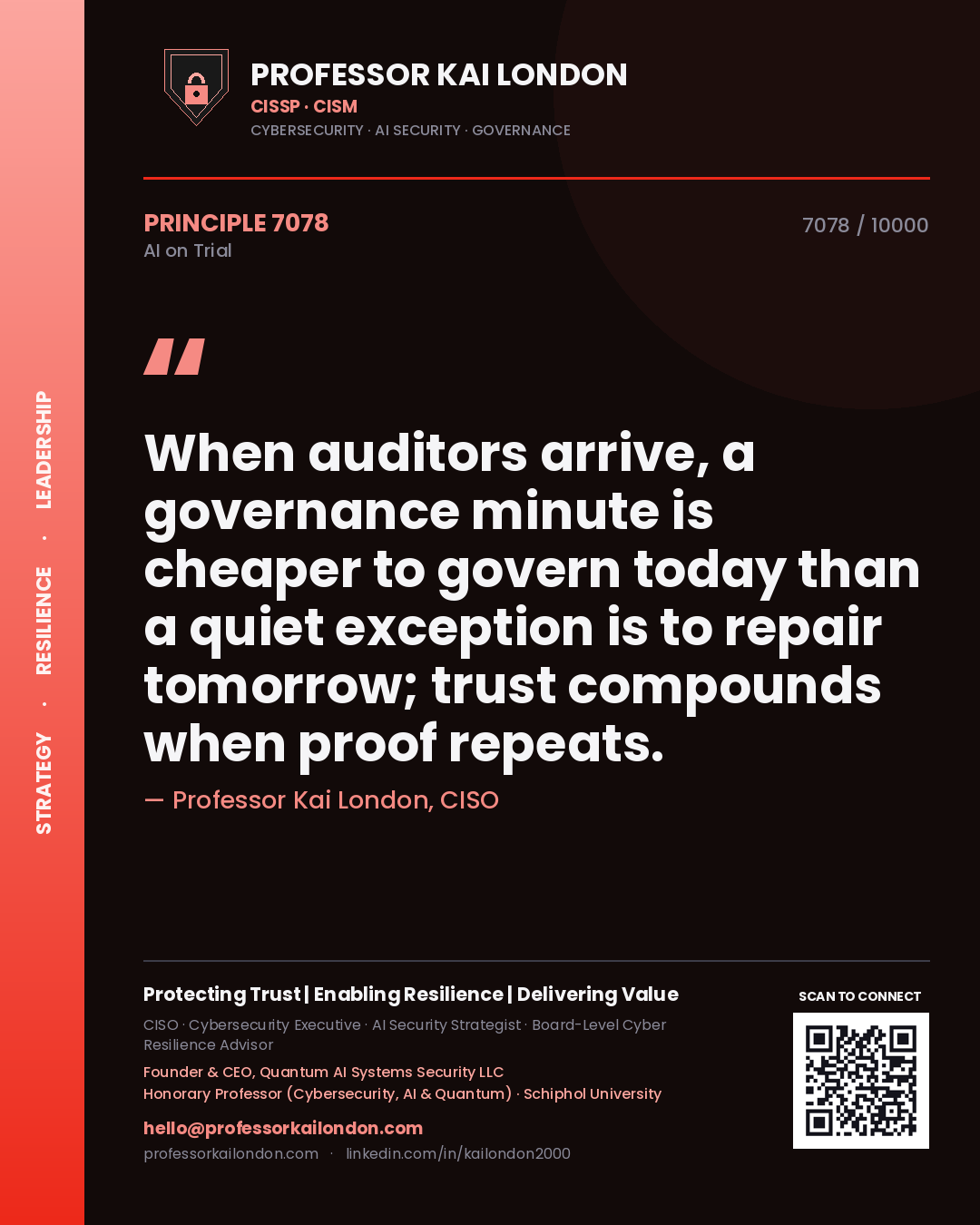 Quote card by Professor Kai London reading 'When auditors arrive, a governance minute is cheaper to govern today than a quiet exception is to repair tomorrow; trust compounds when proof repeats.'. From the book AI on Trial.