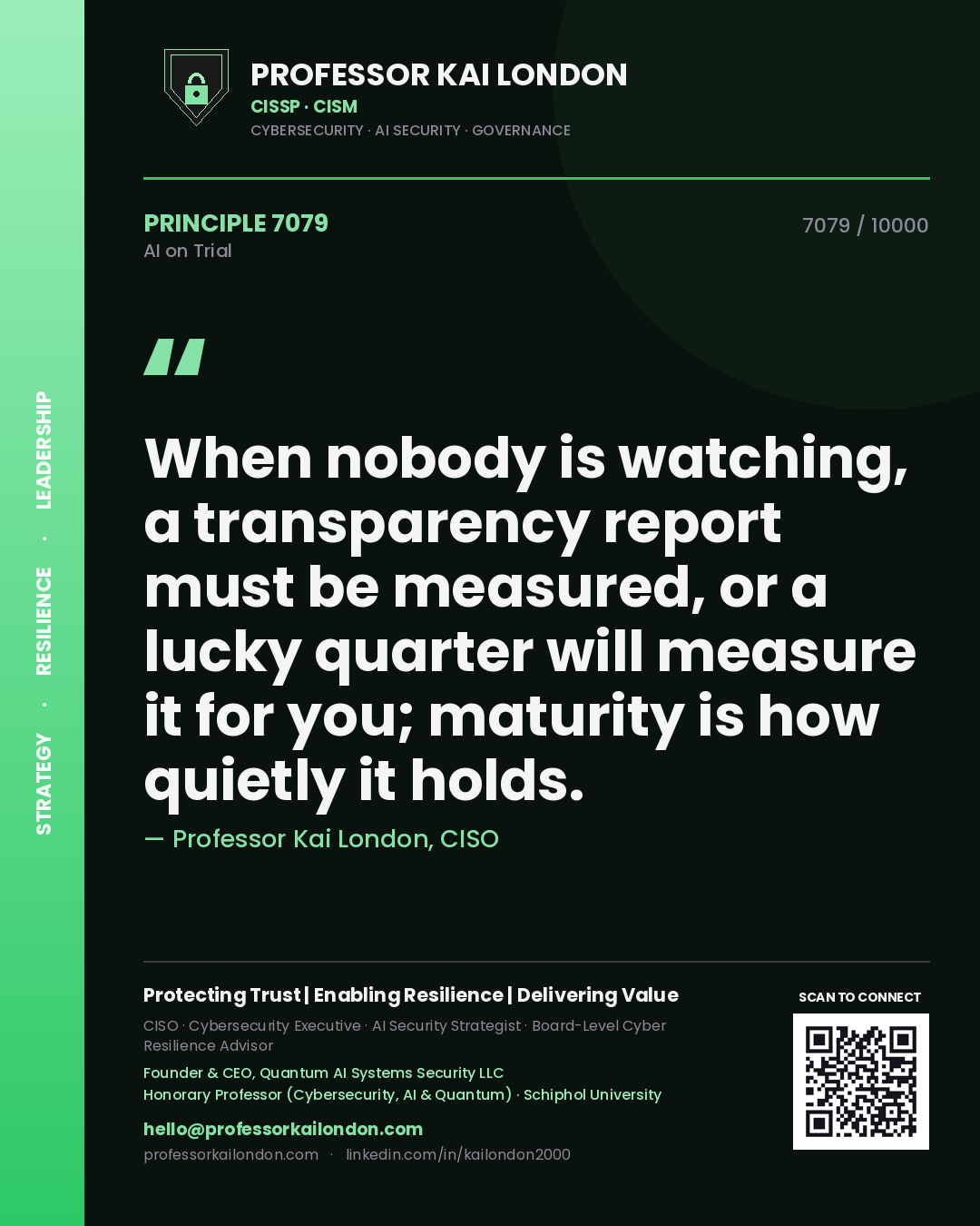 Quote card by Professor Kai London reading 'When nobody is watching, a transparency report must be measured, or a lucky quarter will measure it for you; maturity is how quietly it holds.'. From the book AI on Trial.