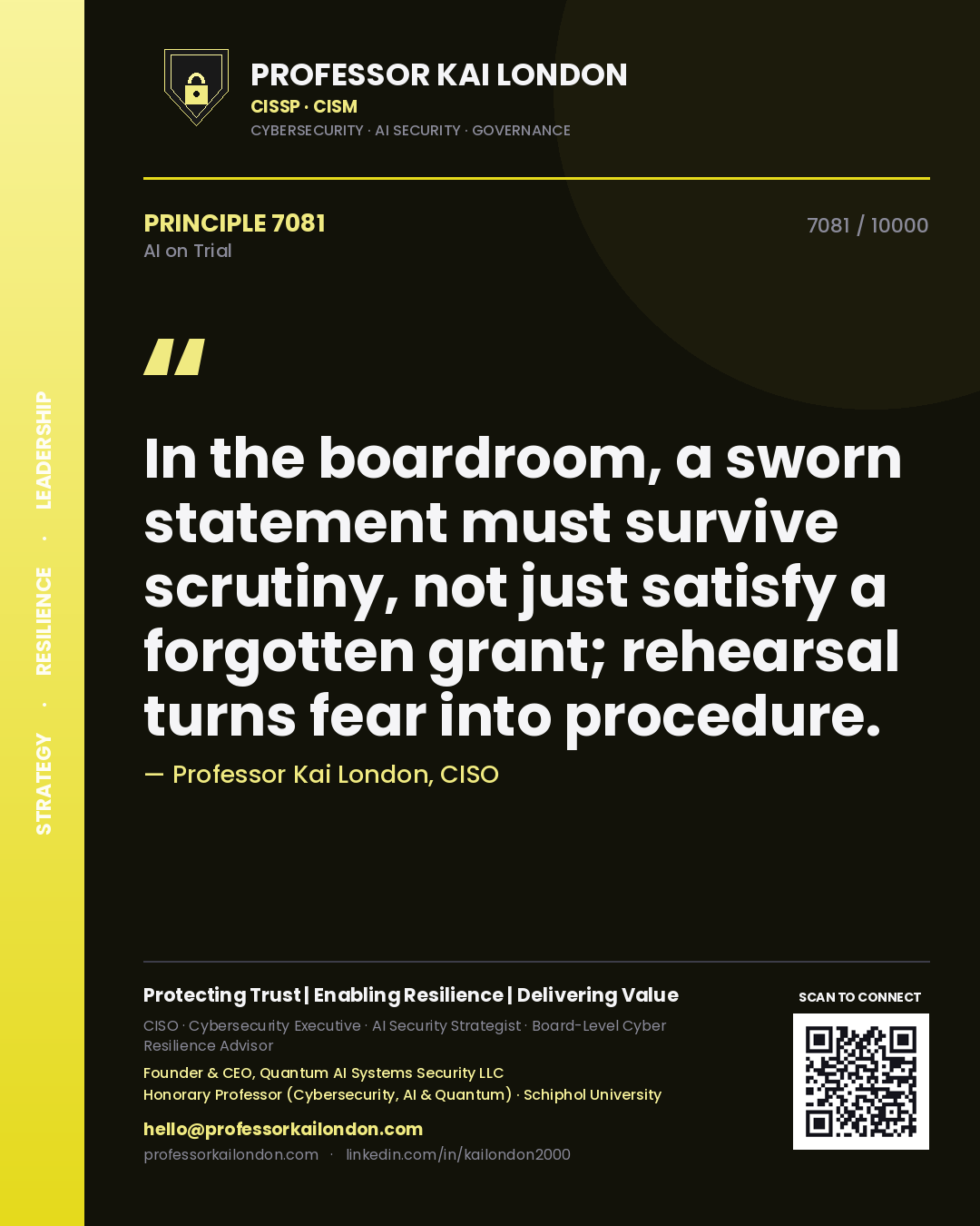 Professor Kai London principle 7081: In the boardroom, a sworn statement must survive scrutiny, not just satisfy a forgotten grant; rehearsal turns fear into procedure.