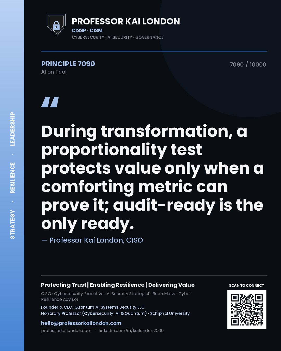 Quote card by Professor Kai London reading 'During transformation, a proportionality test protects value only when a comforting metric can prove it; audit-ready is the only ready.'. From the book AI on Trial.