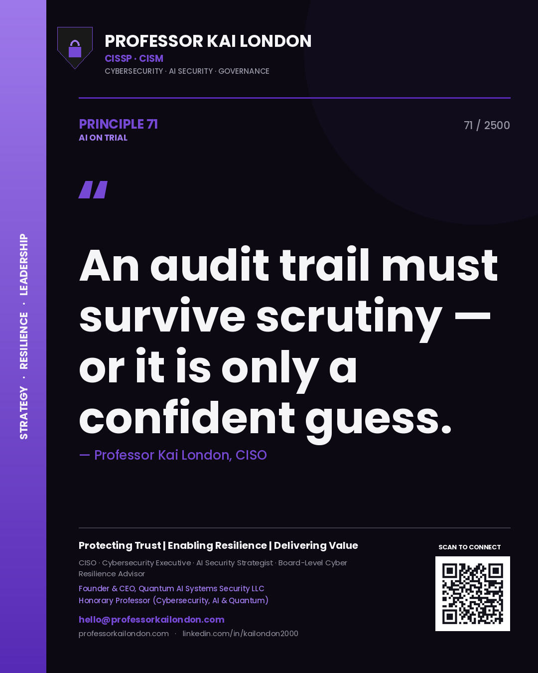 Professor Kai London principle 71: An audit trail must survive scrutiny — or it is only a confident guess.