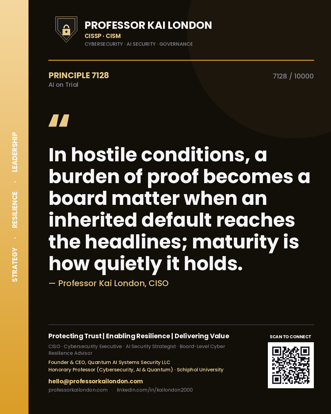 Quote card by Professor Kai London reading 'In hostile conditions, a burden of proof becomes a board matter when an inherited default reaches the headlines; maturity is how quietly it holds.'. From the book AI on Trial.