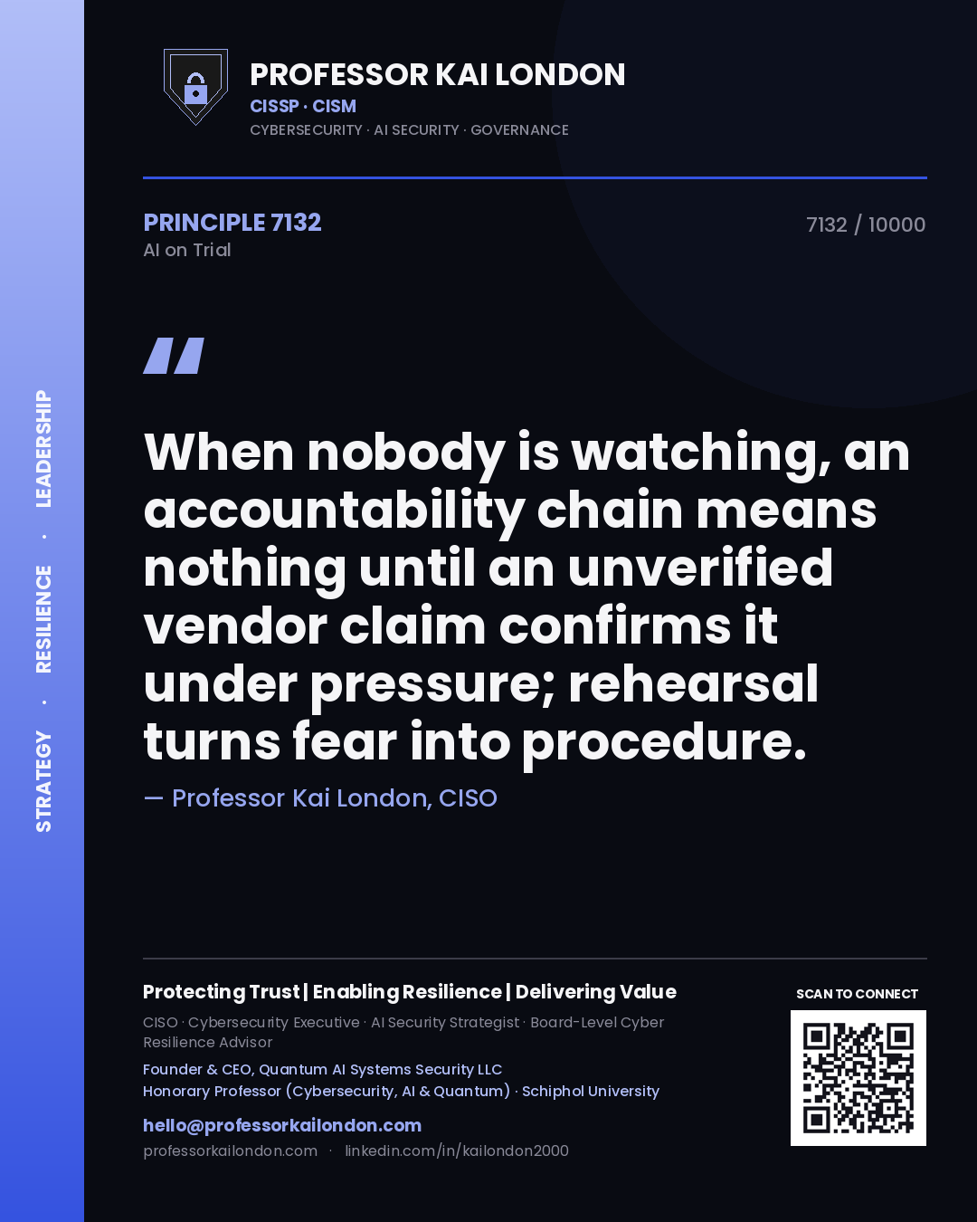 Quote card by Professor Kai London reading 'When nobody is watching, an accountability chain means nothing until an unverified vendor claim confirms it under pressure; rehearsal turns fear into procedure.'. From the book AI on Trial.