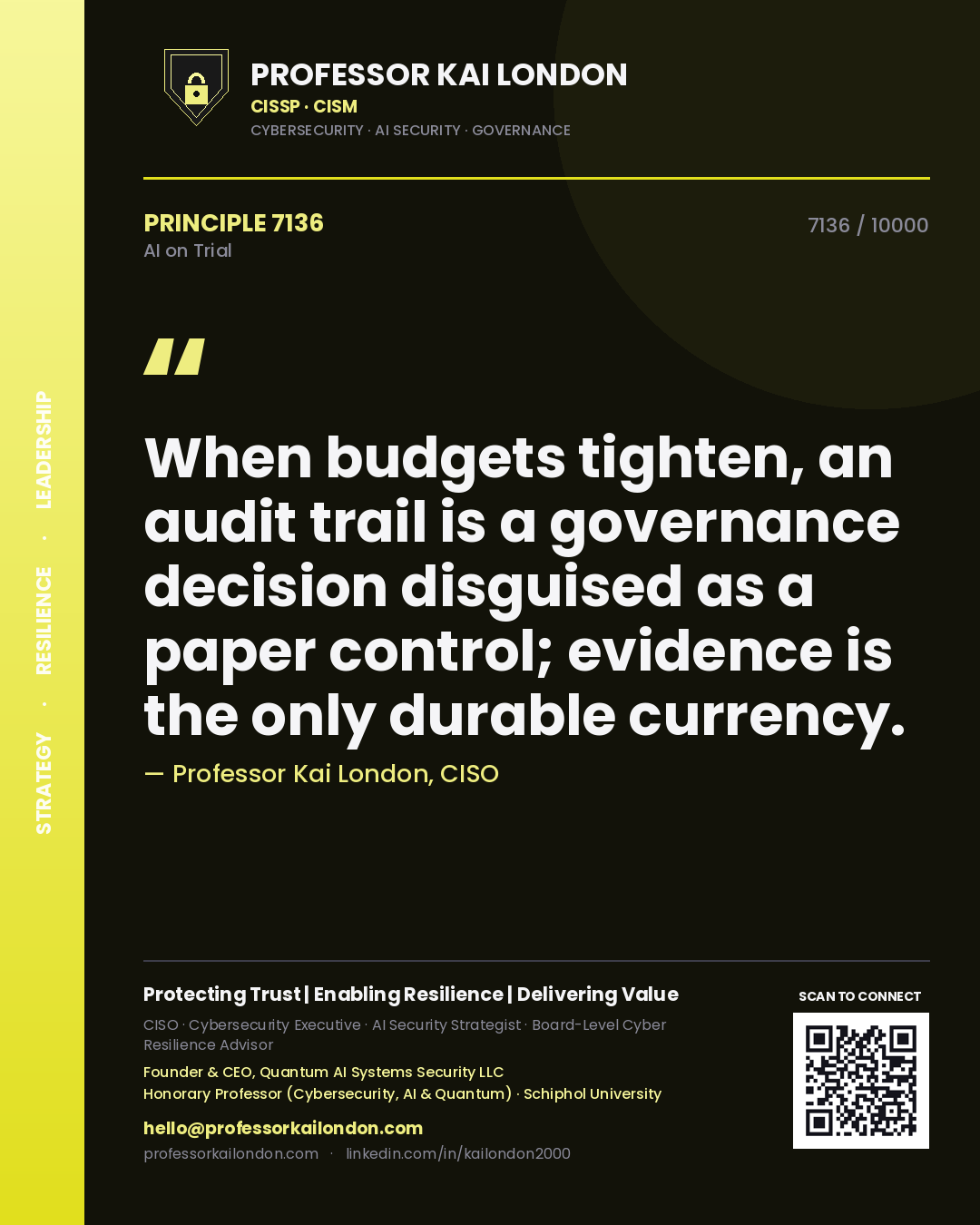 Professor Kai London principle 7136: When budgets tighten, an audit trail is a governance decision disguised as a paper control; evidence is the only durable currency.
