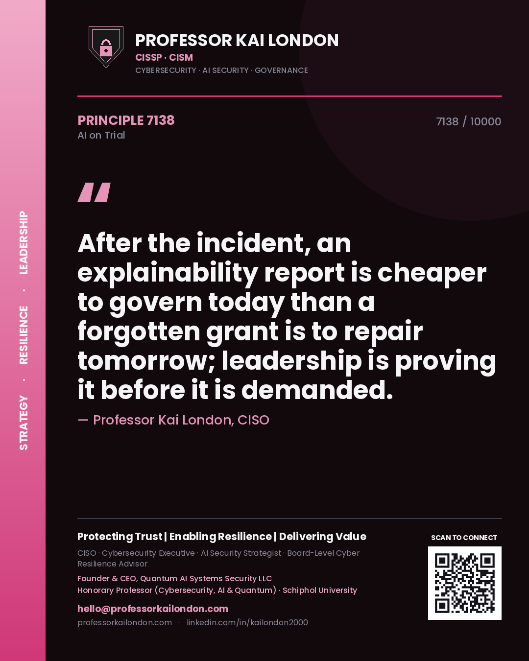 Quote card by Professor Kai London reading 'After the incident, an explainability report is cheaper to govern today than a forgotten grant is to repair tomorrow; leadership is proving it before it is demanded.'. From the book AI on Trial.