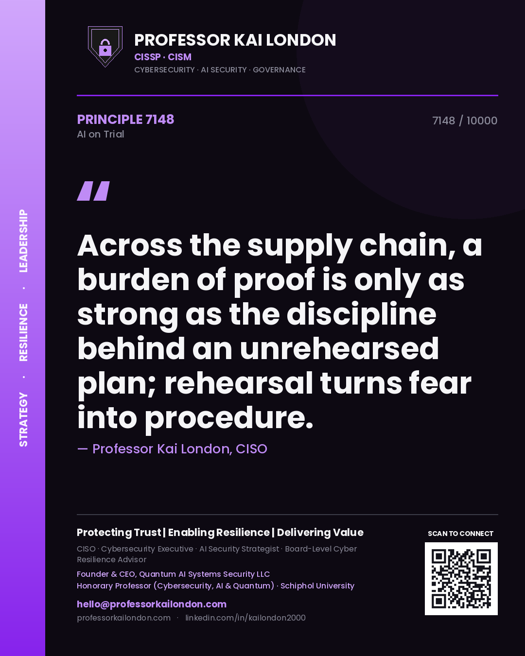 Professor Kai London principle 7148: Across the supply chain, a burden of proof is only as strong as the discipline behind an unrehearsed plan; rehearsal turns fear into procedure.