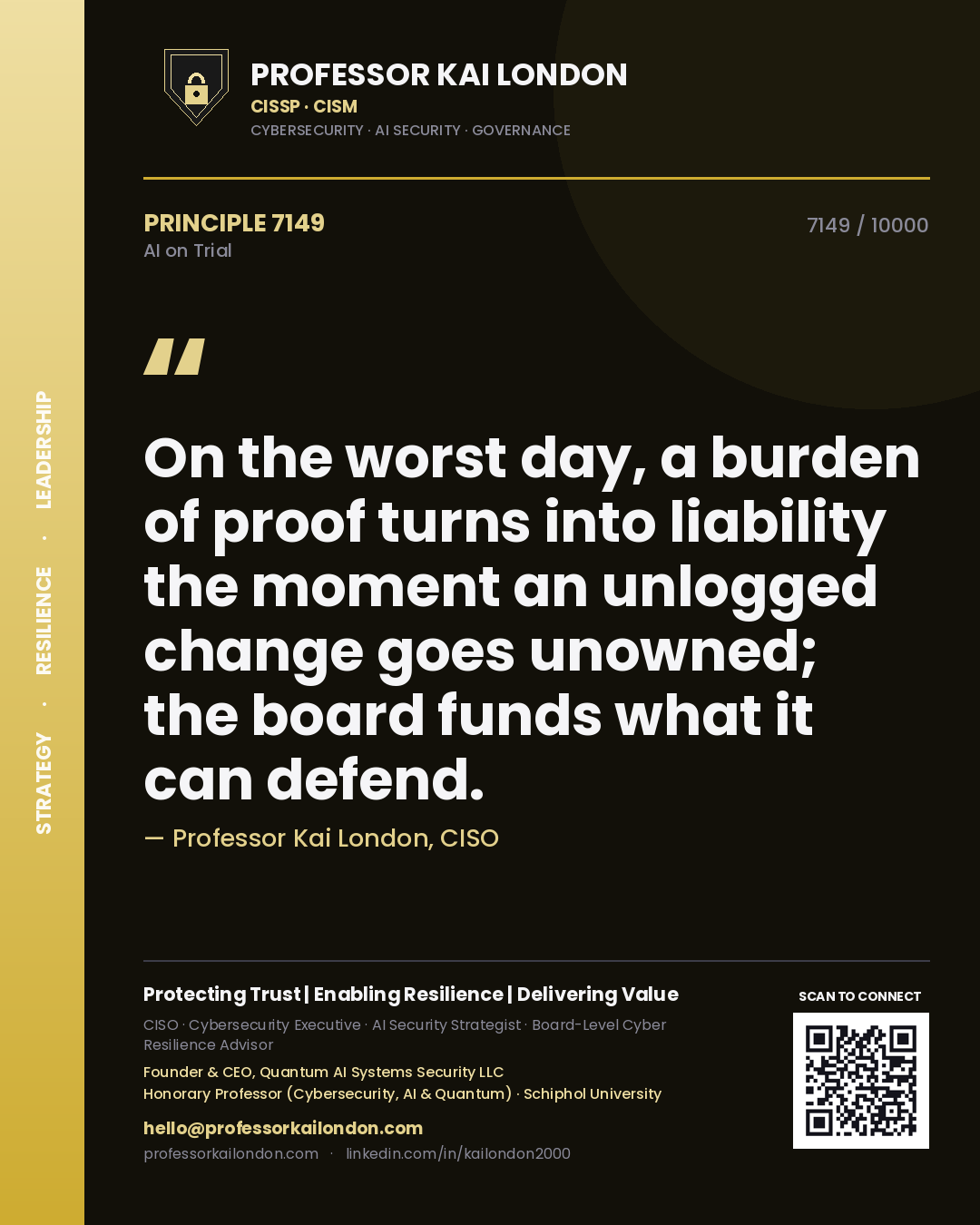 Quote card by Professor Kai London reading 'On the worst day, a burden of proof turns into liability the moment an unlogged change goes unowned; the board funds what it can defend.'. From the book AI on Trial.