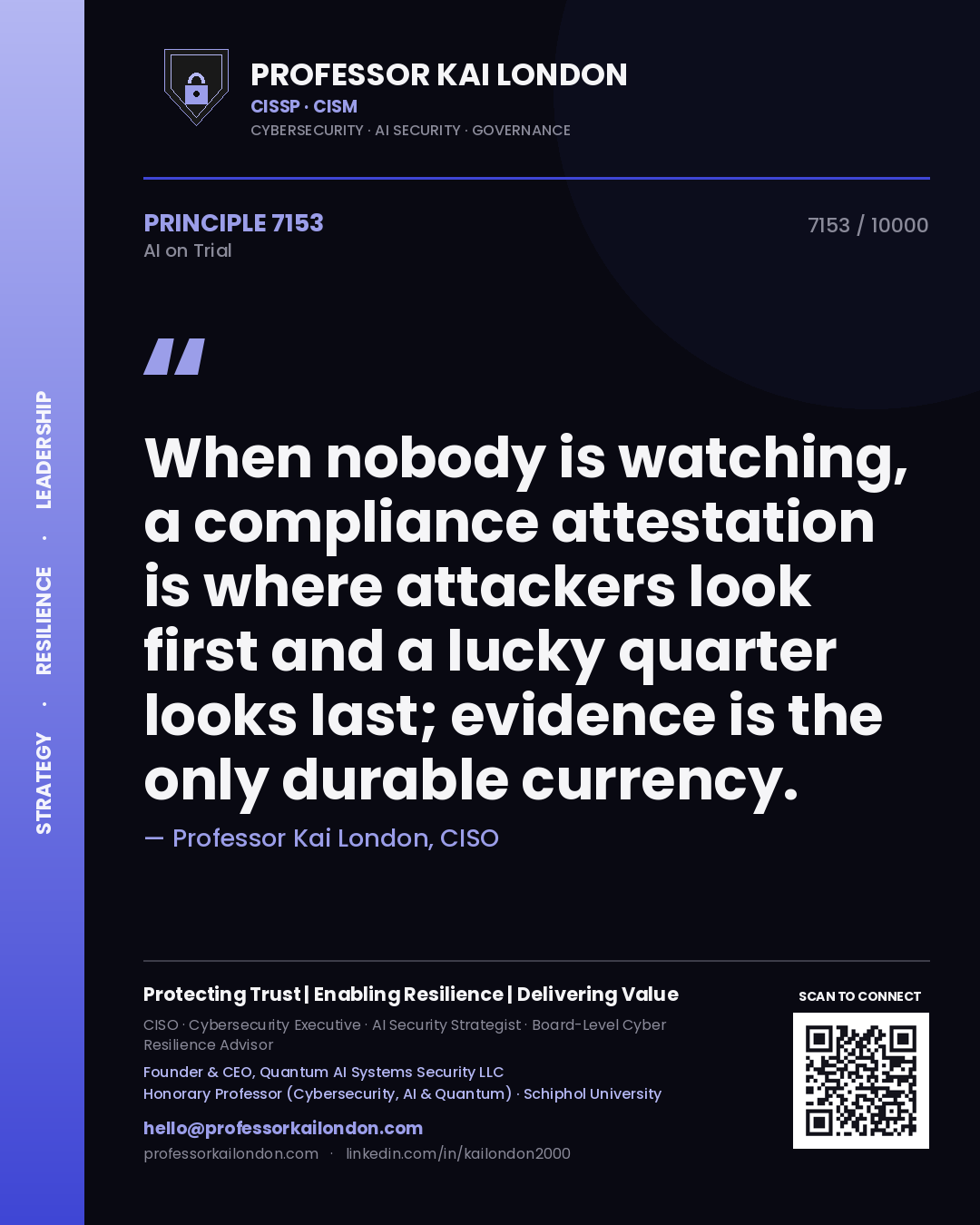 Quote card by Professor Kai London reading 'When nobody is watching, a compliance attestation is where attackers look first and a lucky quarter looks last; evidence is the only durable currency.'. From the book AI on Trial.