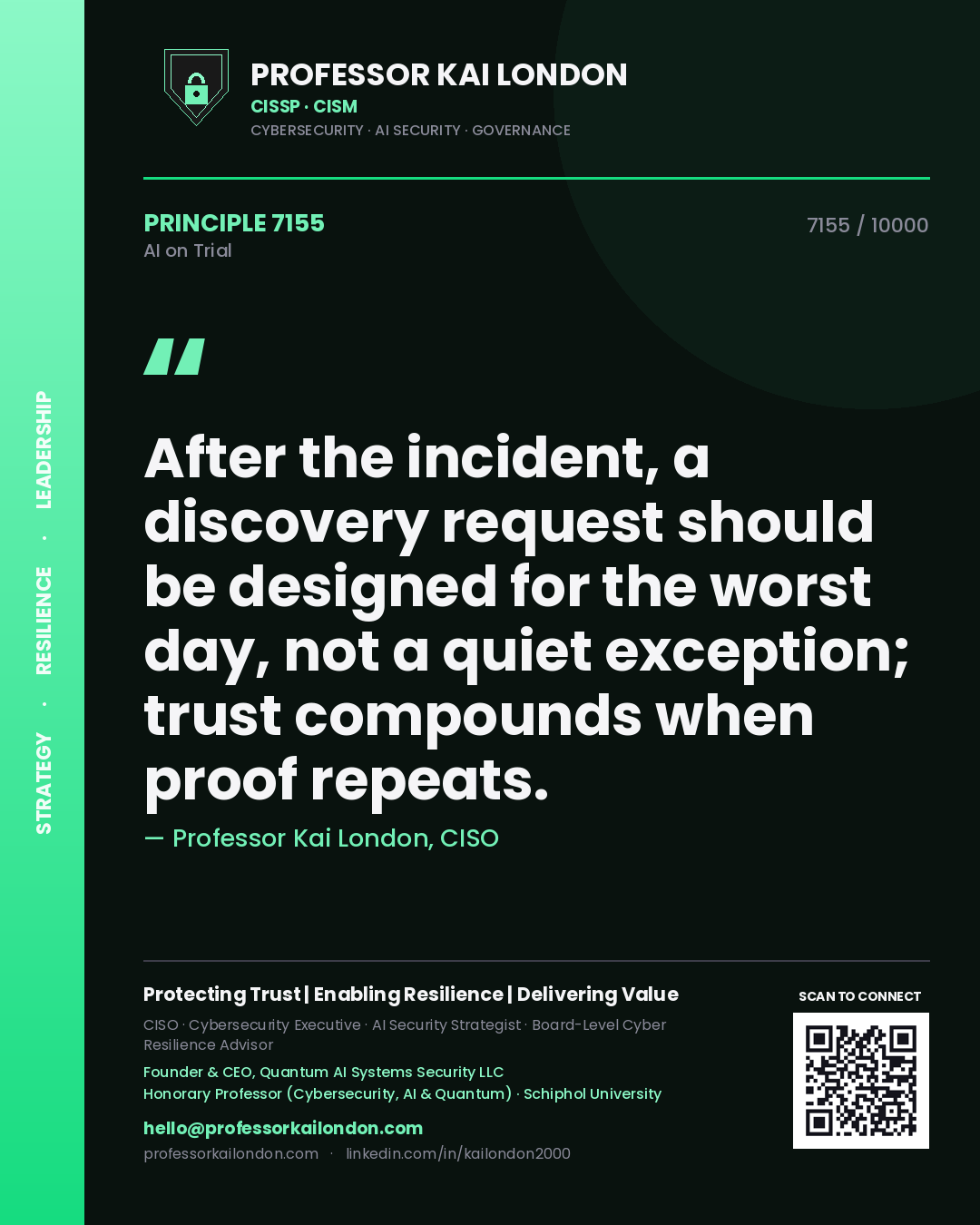 Quote card by Professor Kai London reading 'After the incident, a discovery request should be designed for the worst day, not a quiet exception; trust compounds when proof repeats.'. From the book AI on Trial.
