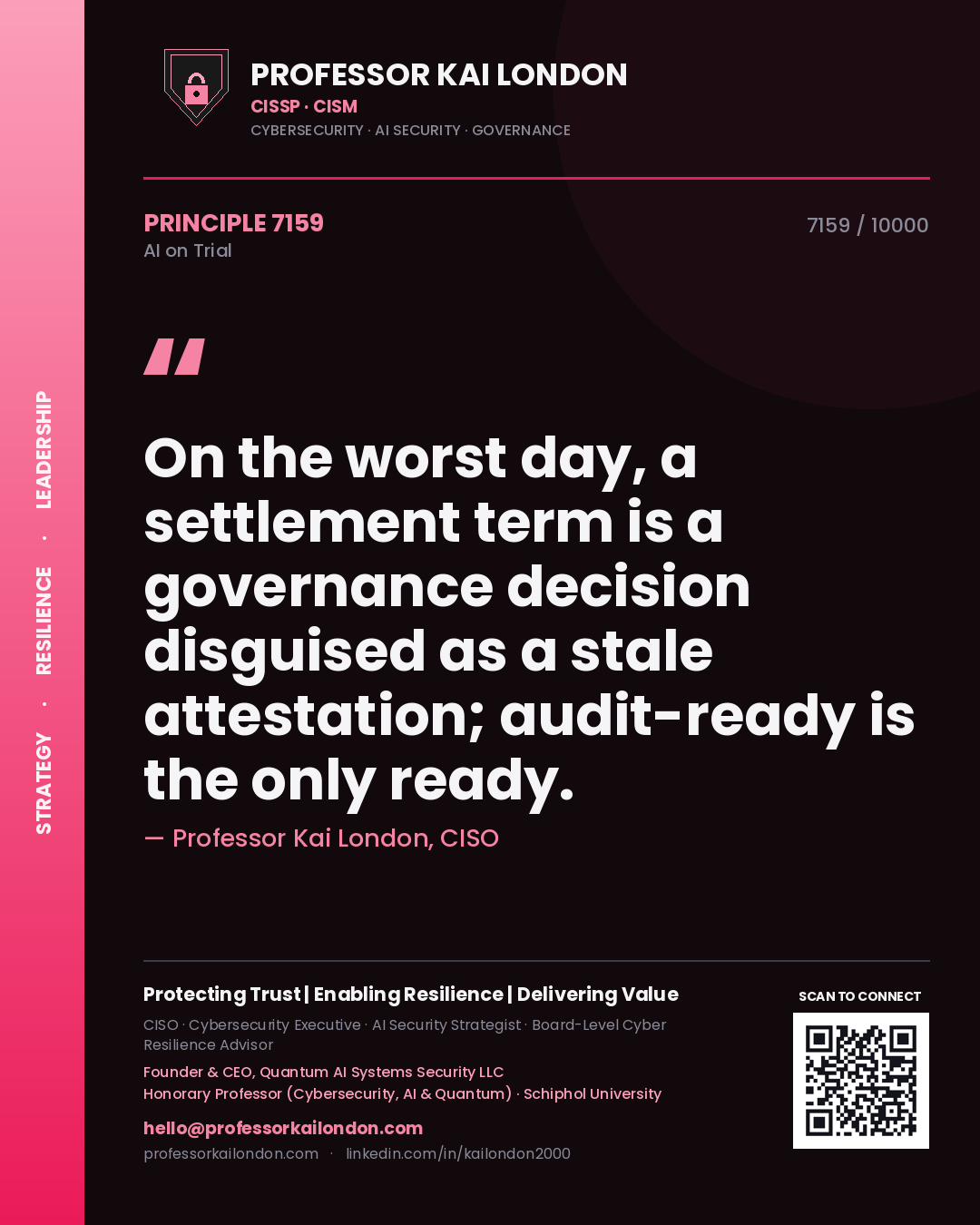 Quote card by Professor Kai London reading 'On the worst day, a settlement term is a governance decision disguised as a stale attestation; audit-ready is the only ready.'. From the book AI on Trial.