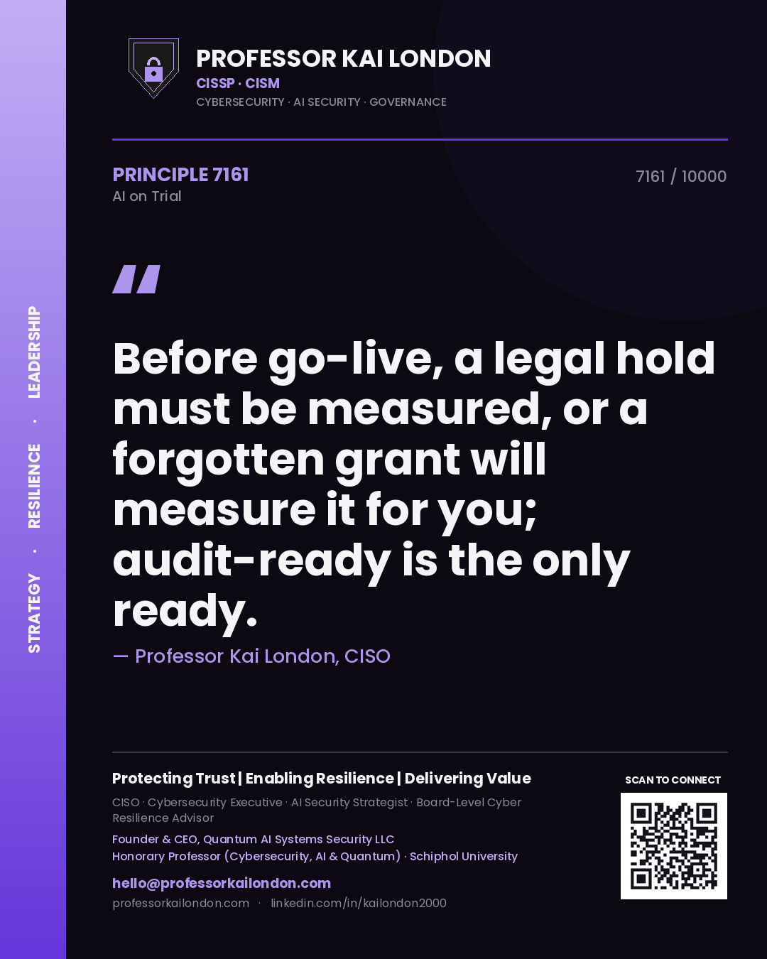 Quote card by Professor Kai London reading 'Before go-live, a legal hold must be measured, or a forgotten grant will measure it for you; audit-ready is the only ready.'. From the book AI on Trial.