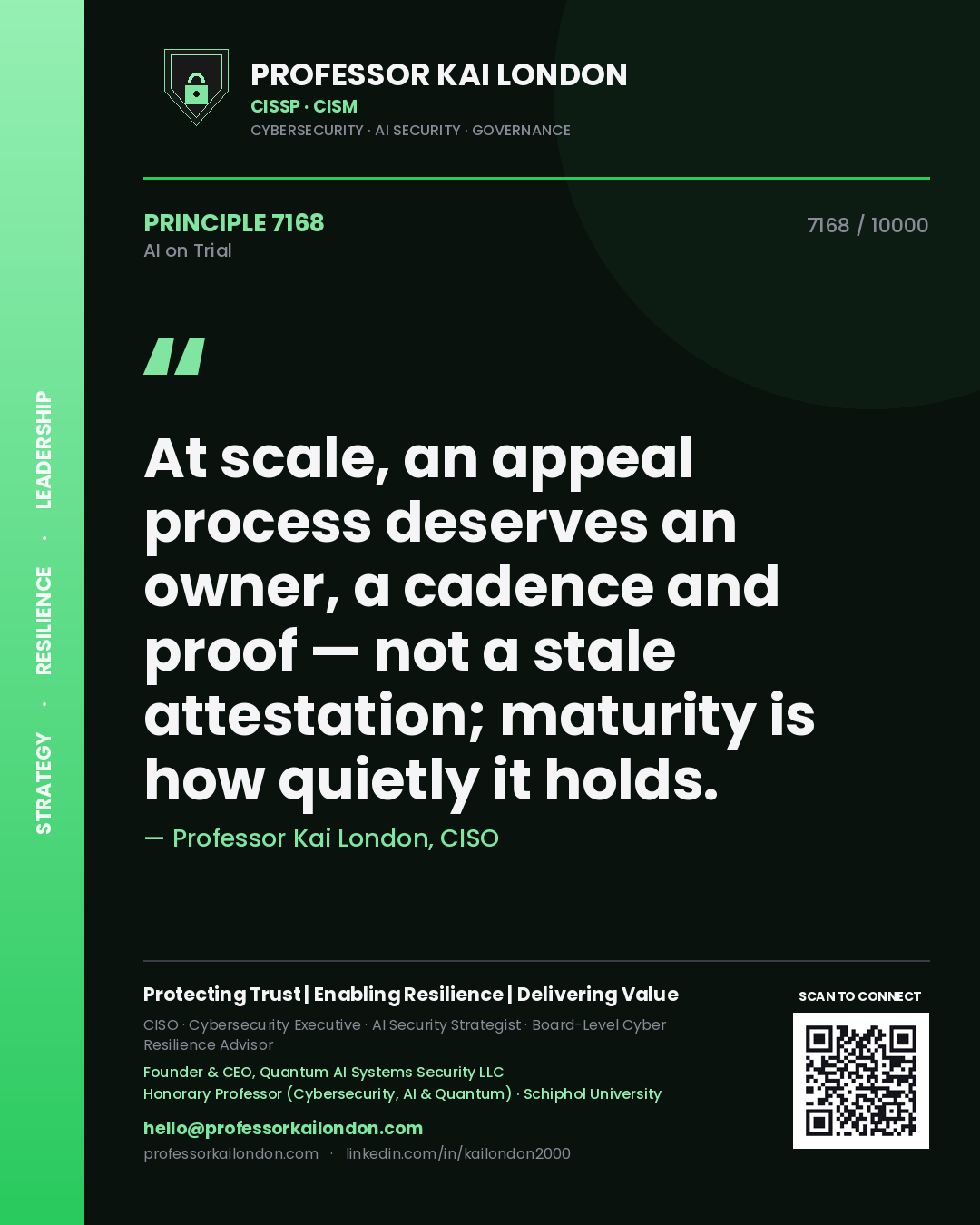 Quote card by Professor Kai London reading 'At scale, an appeal process deserves an owner, a cadence and proof — not a stale attestation; maturity is how quietly it holds.'. From the book AI on Trial.