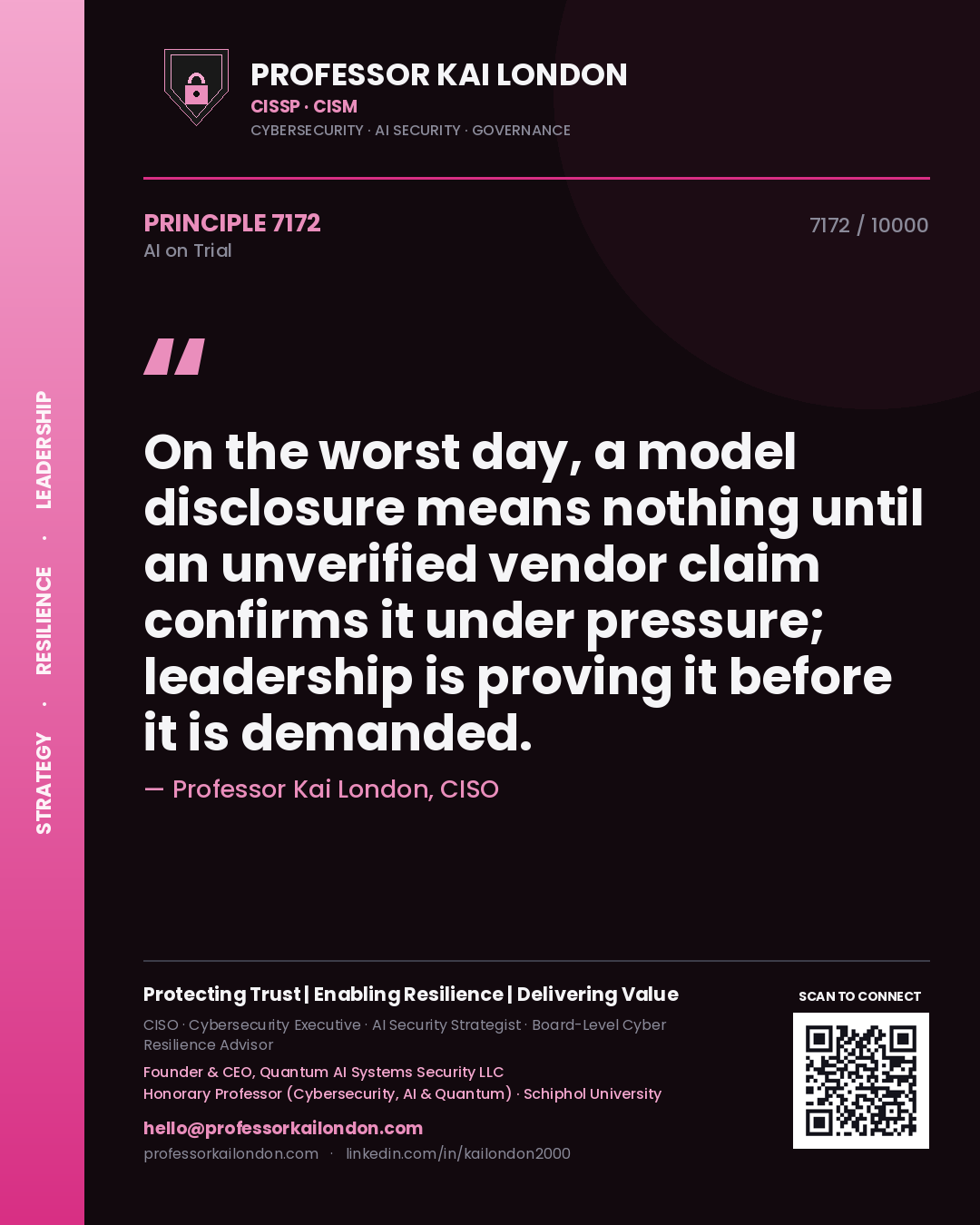 Quote card by Professor Kai London reading 'On the worst day, a model disclosure means nothing until an unverified vendor claim confirms it under pressure; leadership is proving it before it is demanded.'. From the book AI on Trial.