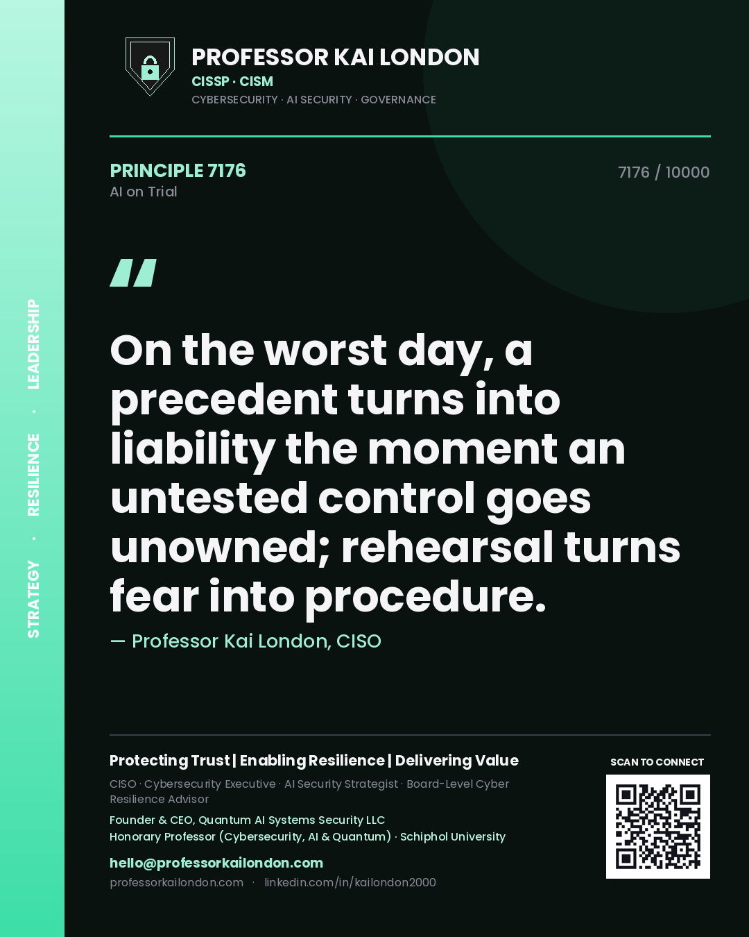 Quote card by Professor Kai London reading 'On the worst day, a precedent turns into liability the moment an untested control goes unowned; rehearsal turns fear into procedure.'. From the book AI on Trial.