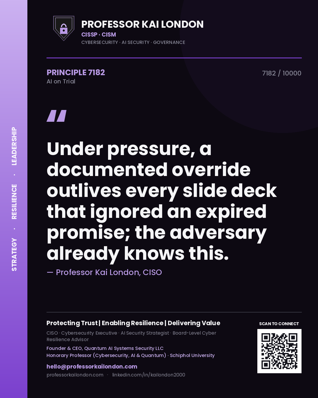 Quote card by Professor Kai London reading 'Under pressure, a documented override outlives every slide deck that ignored an expired promise; the adversary already knows this.'. From the book AI on Trial.