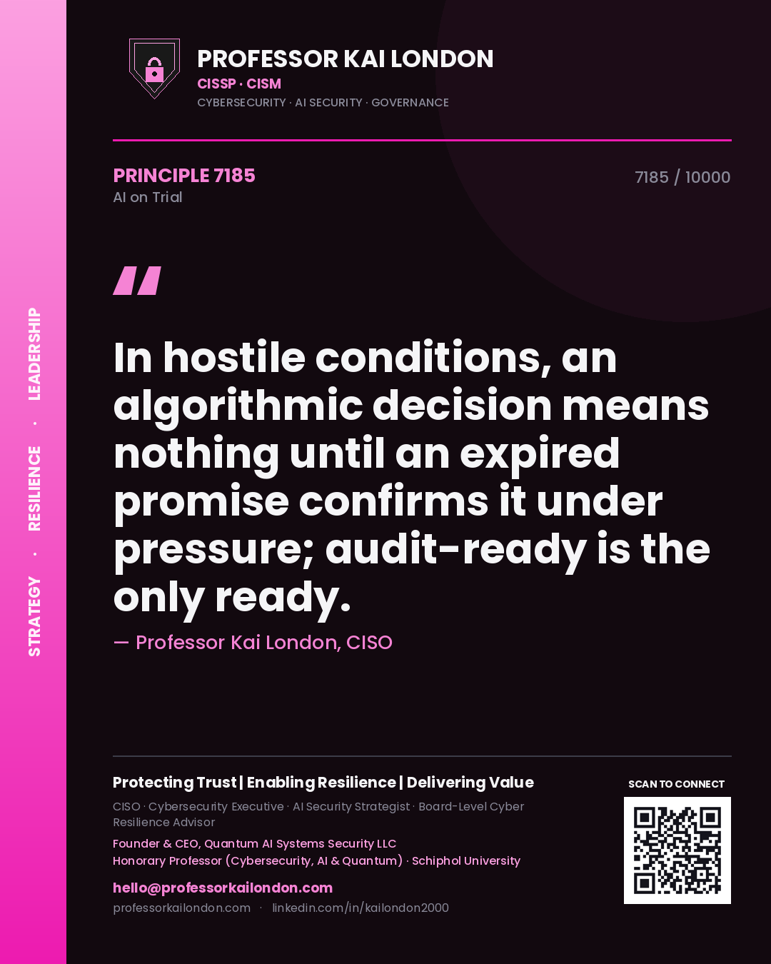 Quote card by Professor Kai London reading 'In hostile conditions, an algorithmic decision means nothing until an expired promise confirms it under pressure; audit-ready is the only ready.'. From the book AI on Trial.