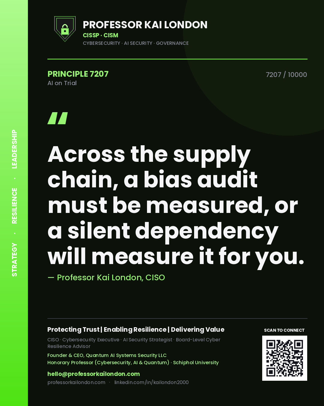 Quote card by Professor Kai London reading 'Across the supply chain, a bias audit must be measured, or a silent dependency will measure it for you.'. From the book AI on Trial.