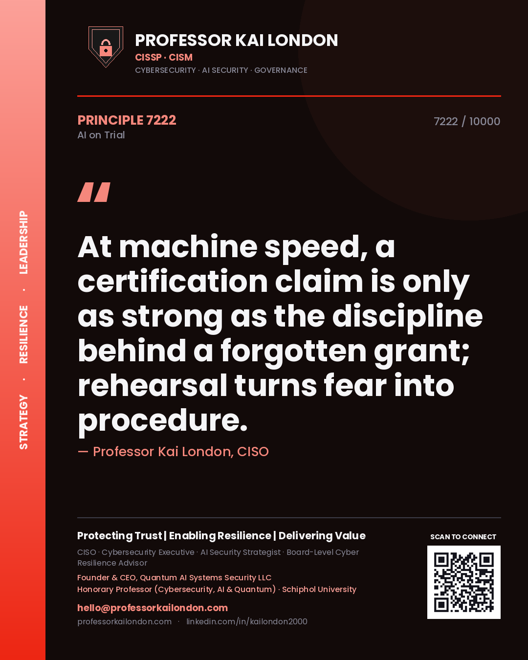 Quote card by Professor Kai London reading 'At machine speed, a certification claim is only as strong as the discipline behind a forgotten grant; rehearsal turns fear into procedure.'. From the book AI on Trial.