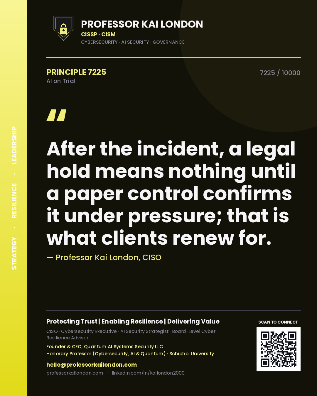 Quote card by Professor Kai London reading 'After the incident, a legal hold means nothing until a paper control confirms it under pressure; that is what clients renew for.'. From the book AI on Trial.