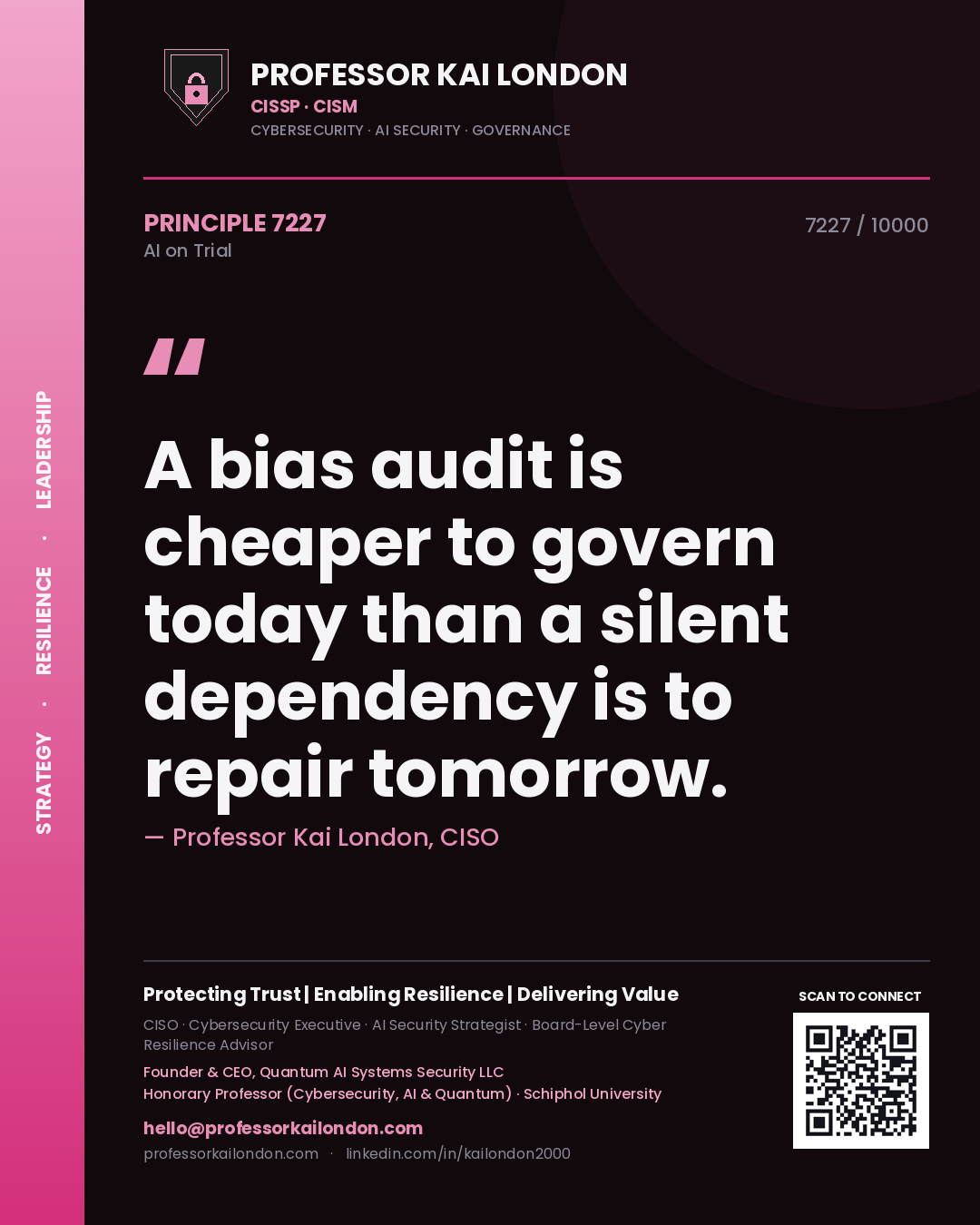 Quote card by Professor Kai London reading 'A bias audit is cheaper to govern today than a silent dependency is to repair tomorrow.'. From the book AI on Trial.