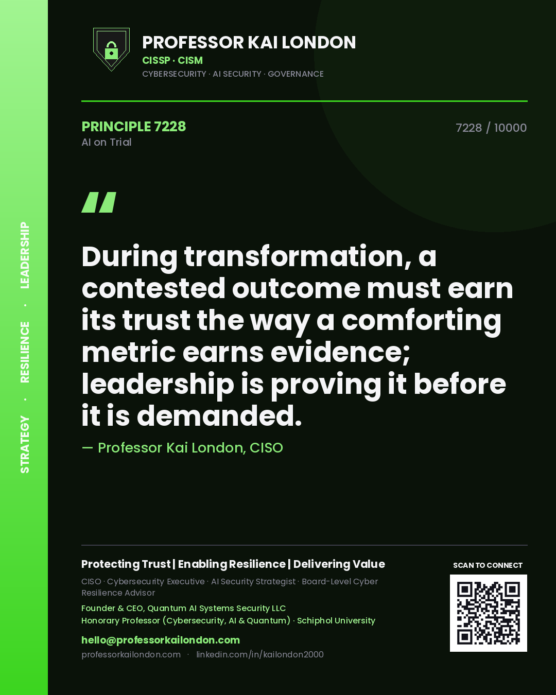Quote card by Professor Kai London reading 'During transformation, a contested outcome must earn its trust the way a comforting metric earns evidence; leadership is proving it before it is demanded.'. From the book AI on Trial.