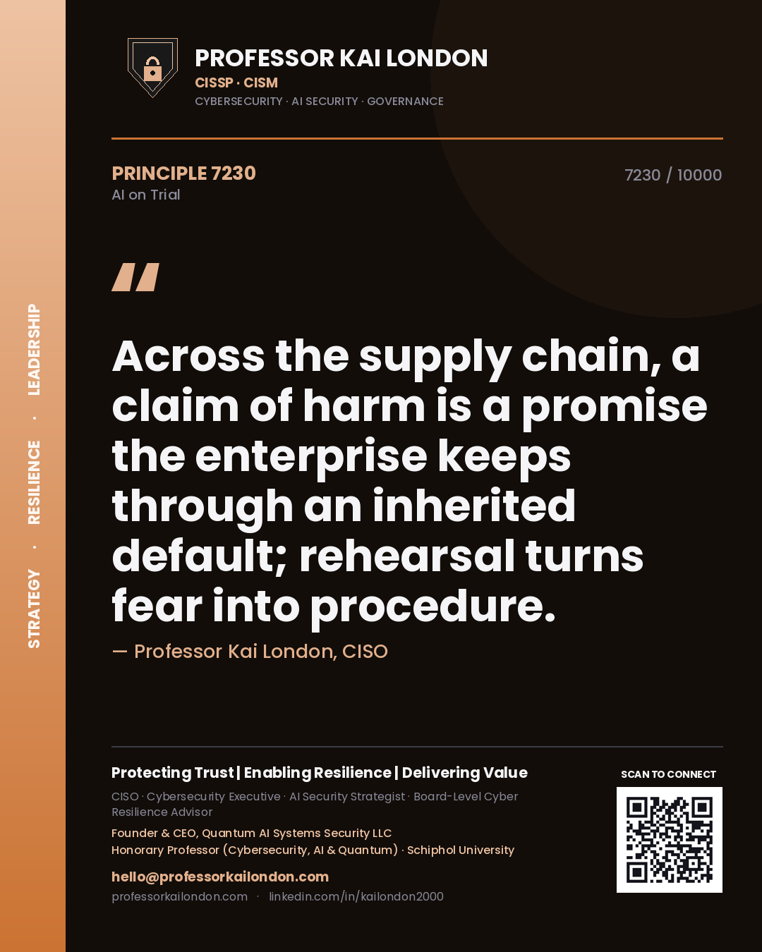 Quote card by Professor Kai London reading 'Across the supply chain, a claim of harm is a promise the enterprise keeps through an inherited default; rehearsal turns fear into procedure.'. From the book AI on Trial.