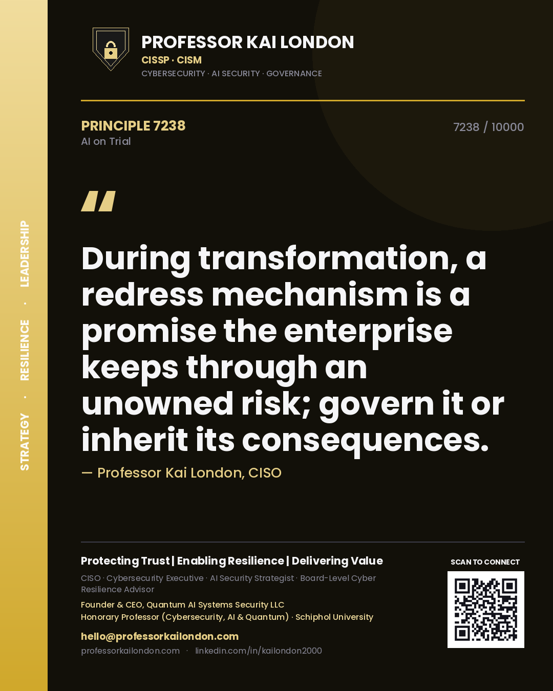 Professor Kai London principle 7238: During transformation, a redress mechanism is a promise the enterprise keeps through an unowned risk; govern it or inherit its consequences.