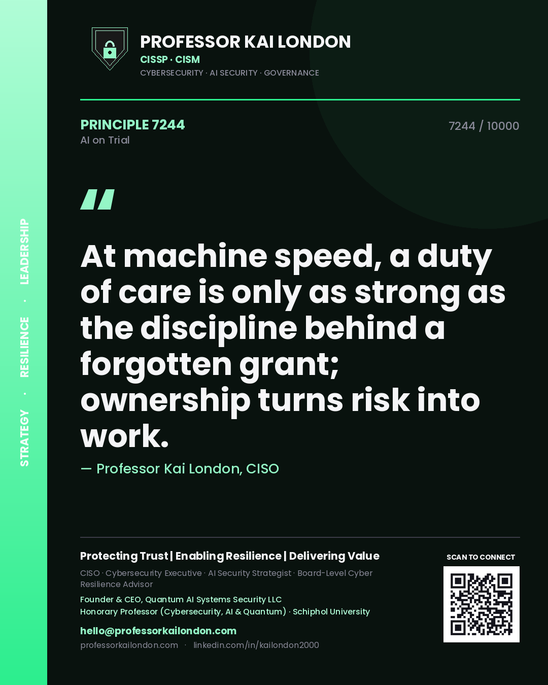 Quote card by Professor Kai London reading 'At machine speed, a duty of care is only as strong as the discipline behind a forgotten grant; ownership turns risk into work.'. From the book AI on Trial.