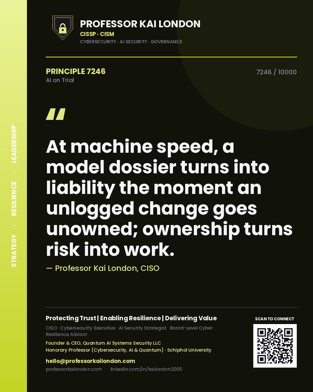 Quote card by Professor Kai London reading 'At machine speed, a model dossier turns into liability the moment an unlogged change goes unowned; ownership turns risk into work.'. From the book AI on Trial.