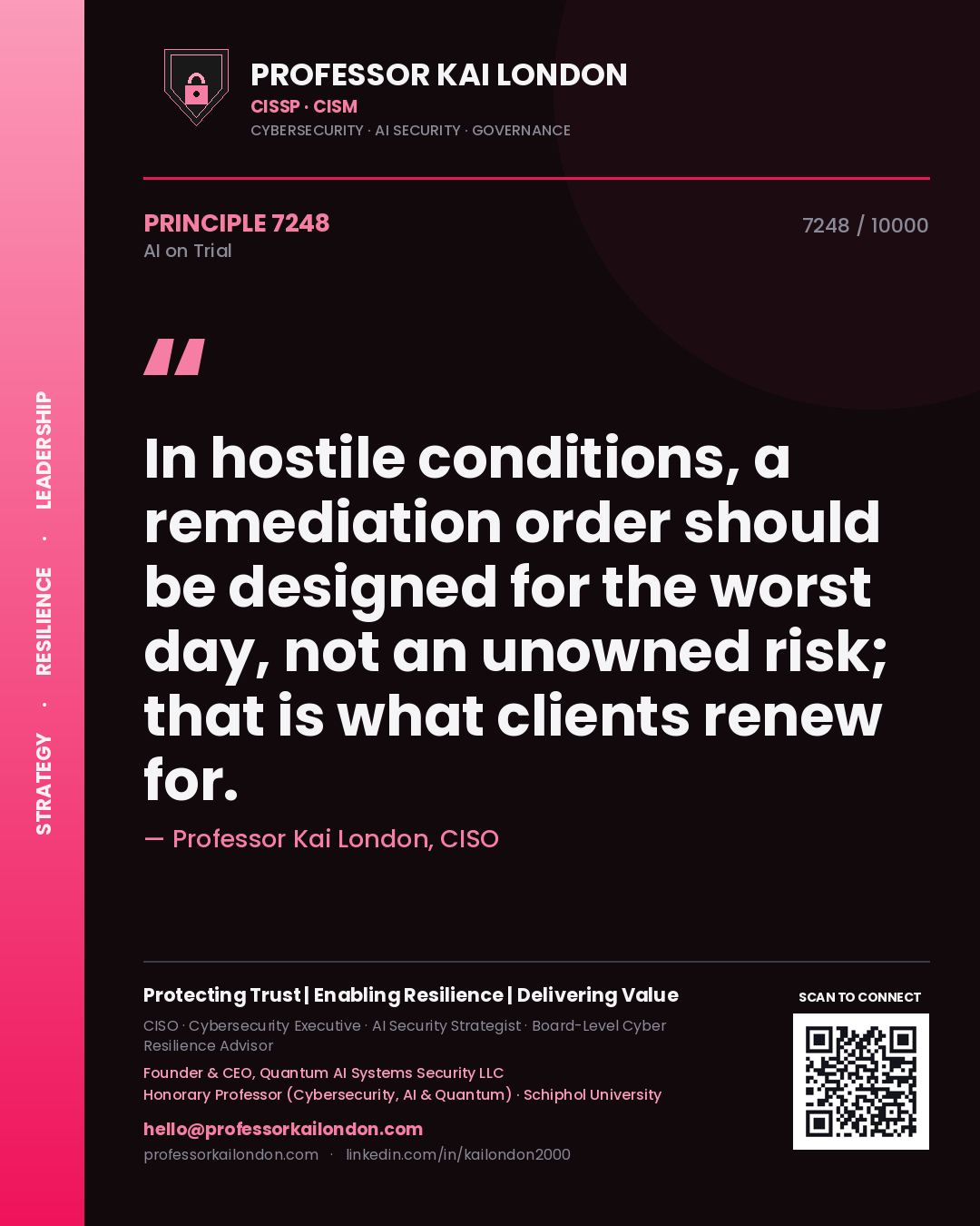 Quote card by Professor Kai London reading 'In hostile conditions, a remediation order should be designed for the worst day, not an unowned risk; that is what clients renew for.'. From the book AI on Trial.