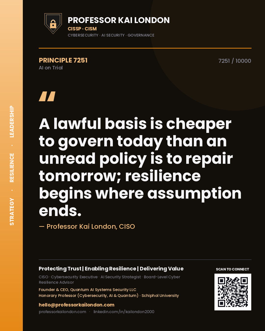 Quote card by Professor Kai London reading 'A lawful basis is cheaper to govern today than an unread policy is to repair tomorrow; resilience begins where assumption ends.'. From the book AI on Trial.