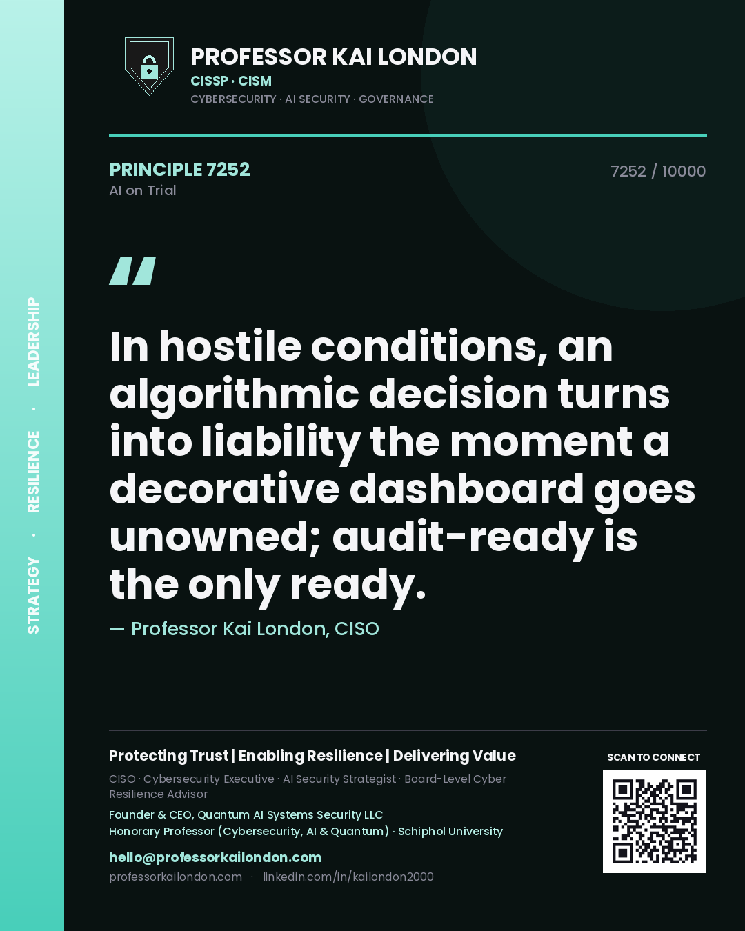 Quote card by Professor Kai London reading 'In hostile conditions, an algorithmic decision turns into liability the moment a decorative dashboard goes unowned; audit-ready is the only ready.'. From the book AI on Trial.