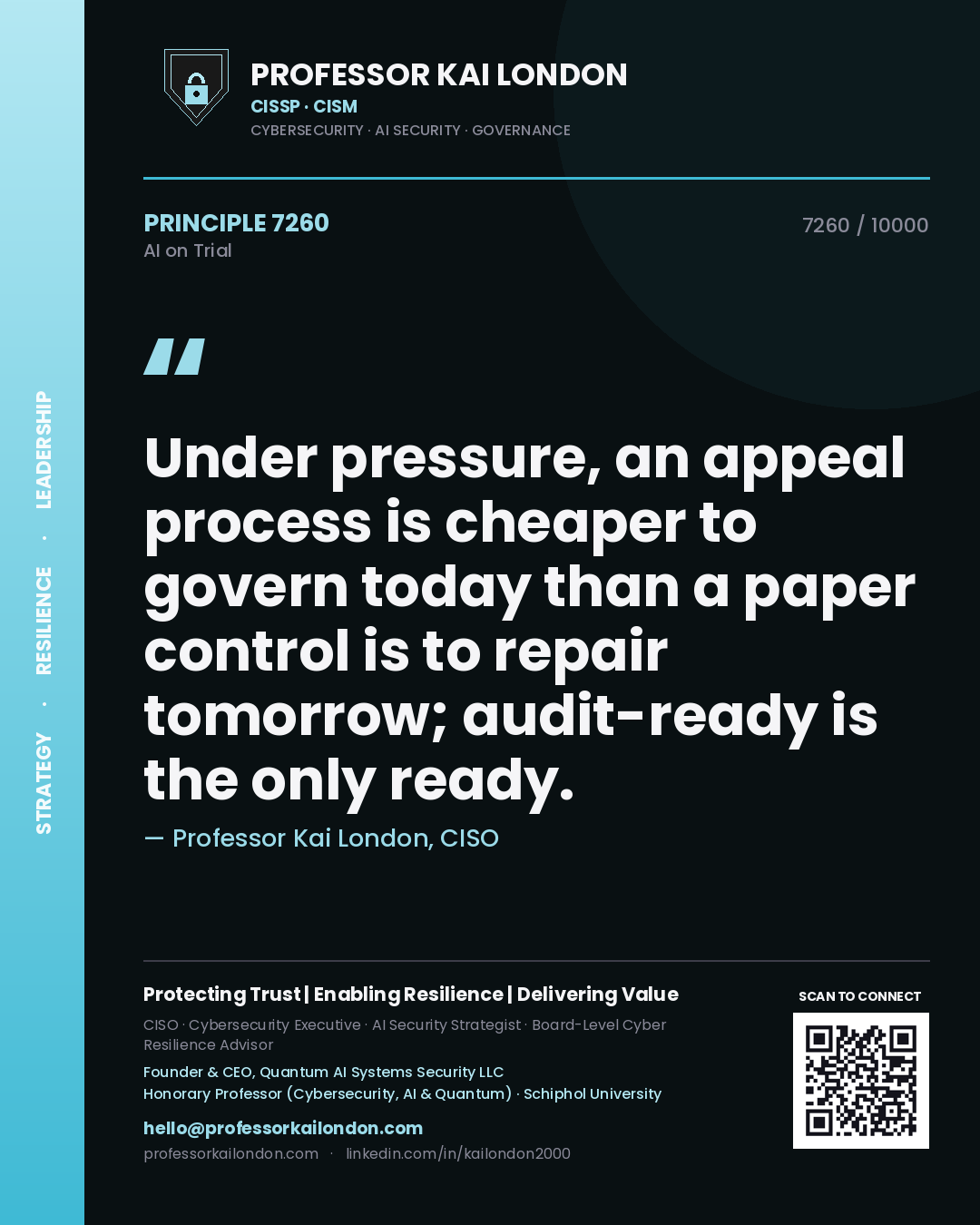 Quote card by Professor Kai London reading 'Under pressure, an appeal process is cheaper to govern today than a paper control is to repair tomorrow; audit-ready is the only ready.'. From the book AI on Trial.