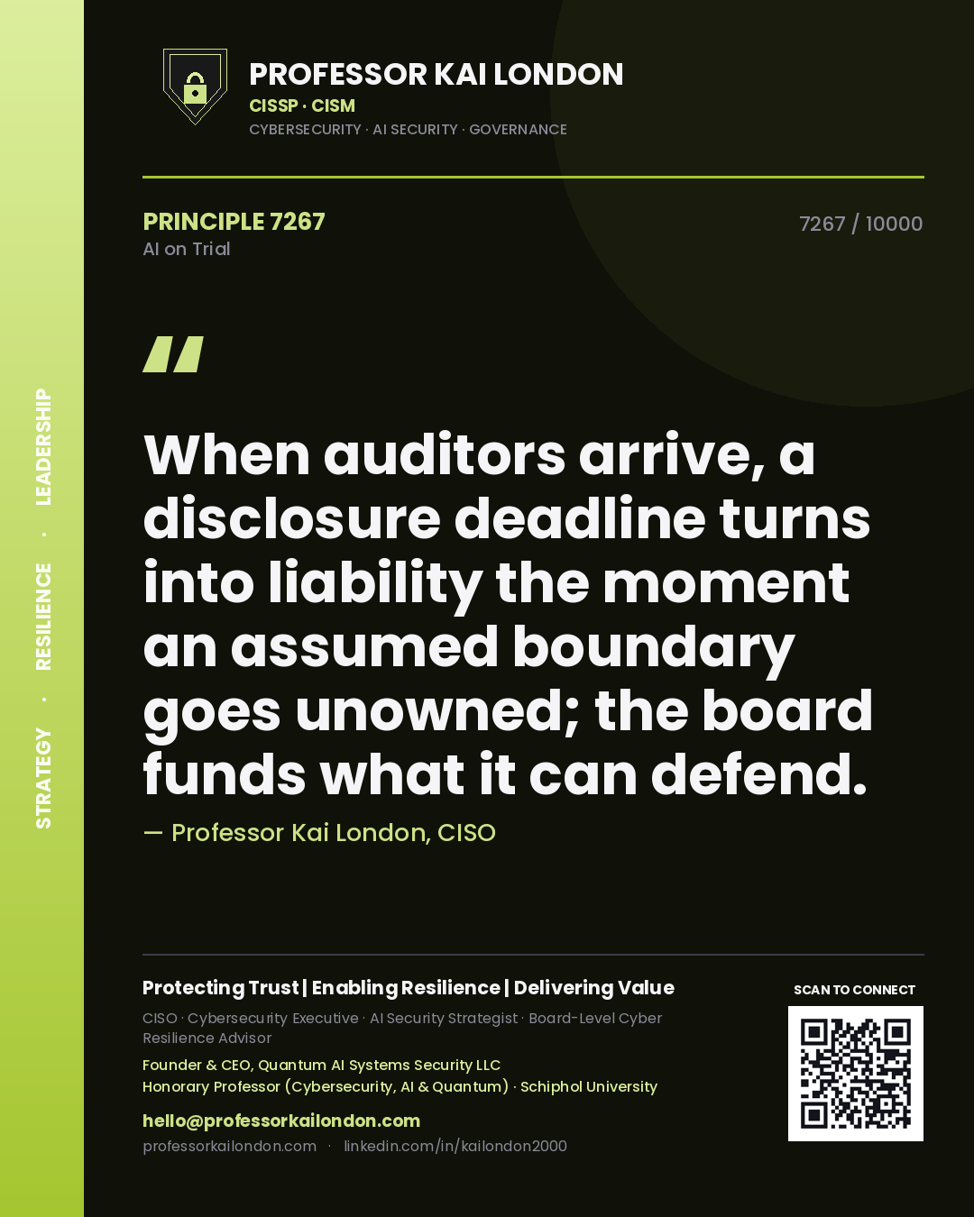 Quote card by Professor Kai London reading 'When auditors arrive, a disclosure deadline turns into liability the moment an assumed boundary goes unowned; the board funds what it can defend.'. From the book AI on Trial.