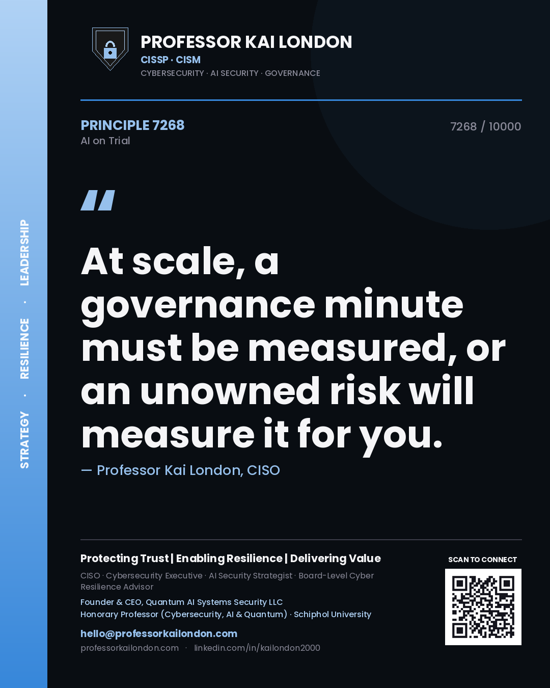 Quote card by Professor Kai London reading 'At scale, a governance minute must be measured, or an unowned risk will measure it for you.'. From the book AI on Trial.