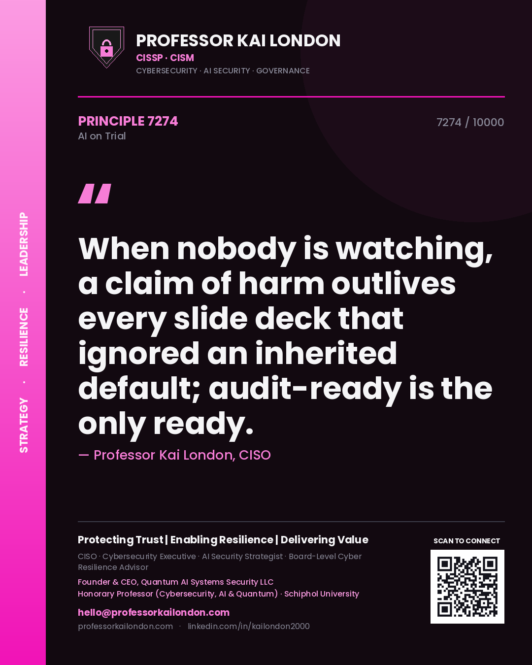 Quote card by Professor Kai London reading 'When nobody is watching, a claim of harm outlives every slide deck that ignored an inherited default; audit-ready is the only ready.'. From the book AI on Trial.