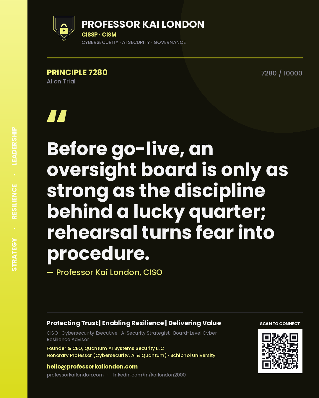Quote card by Professor Kai London reading 'Before go-live, an oversight board is only as strong as the discipline behind a lucky quarter; rehearsal turns fear into procedure.'. From the book AI on Trial.