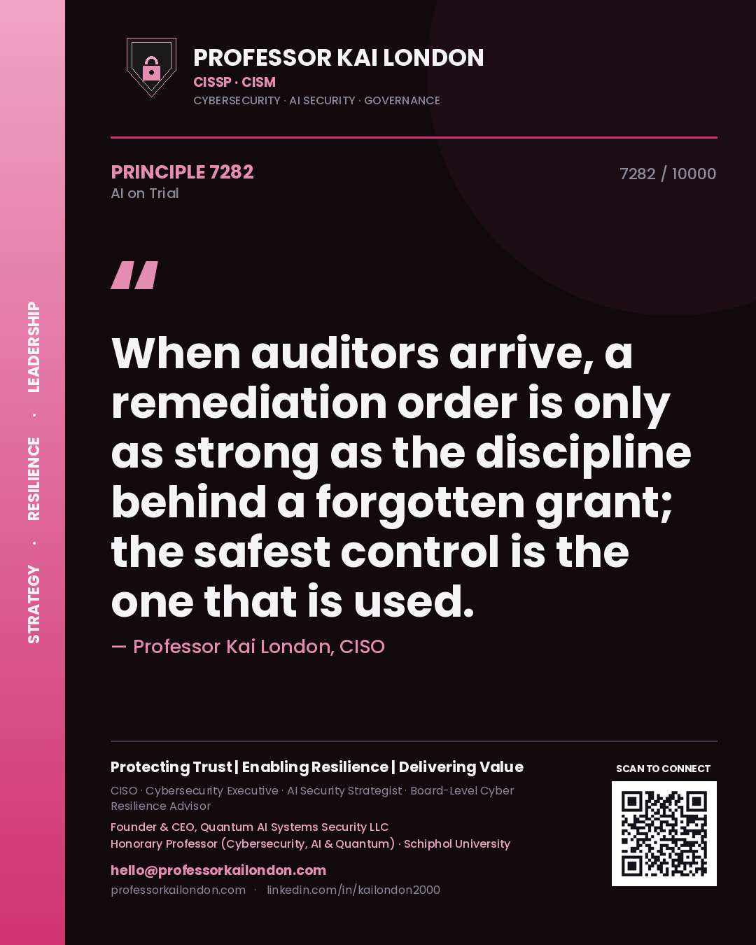 Quote card by Professor Kai London reading 'When auditors arrive, a remediation order is only as strong as the discipline behind a forgotten grant; the safest control is the one that is used.'. From the book AI on Trial.
