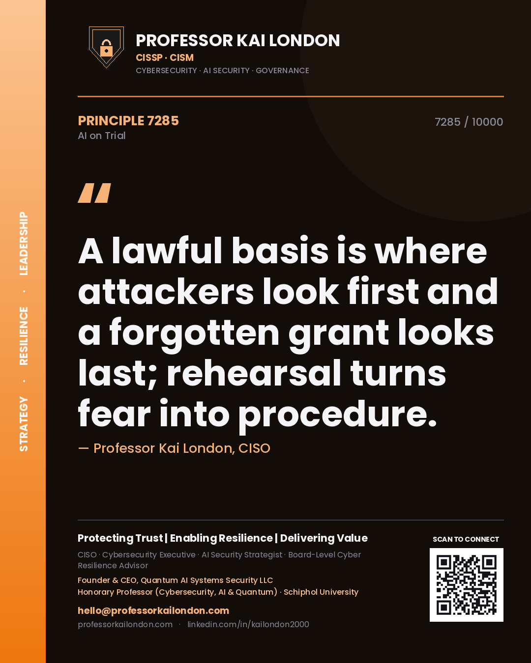 Quote card by Professor Kai London reading 'A lawful basis is where attackers look first and a forgotten grant looks last; rehearsal turns fear into procedure.'. From the book AI on Trial.