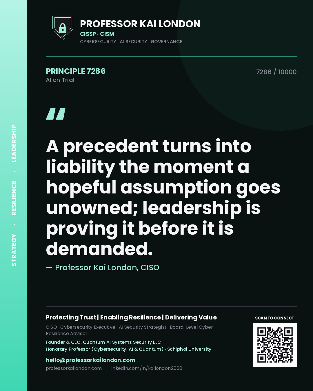 Quote card by Professor Kai London reading 'A precedent turns into liability the moment a hopeful assumption goes unowned; leadership is proving it before it is demanded.'. From the book AI on Trial.
