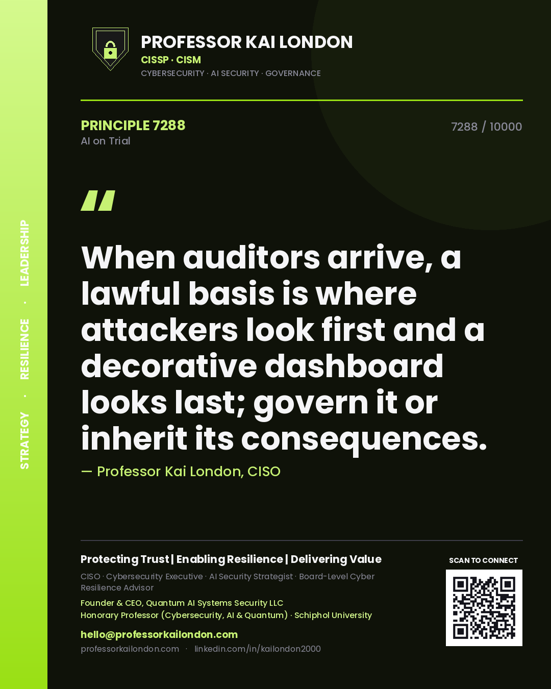 Quote card by Professor Kai London reading 'When auditors arrive, a lawful basis is where attackers look first and a decorative dashboard looks last; govern it or inherit its consequences.'. From the book AI on Trial.