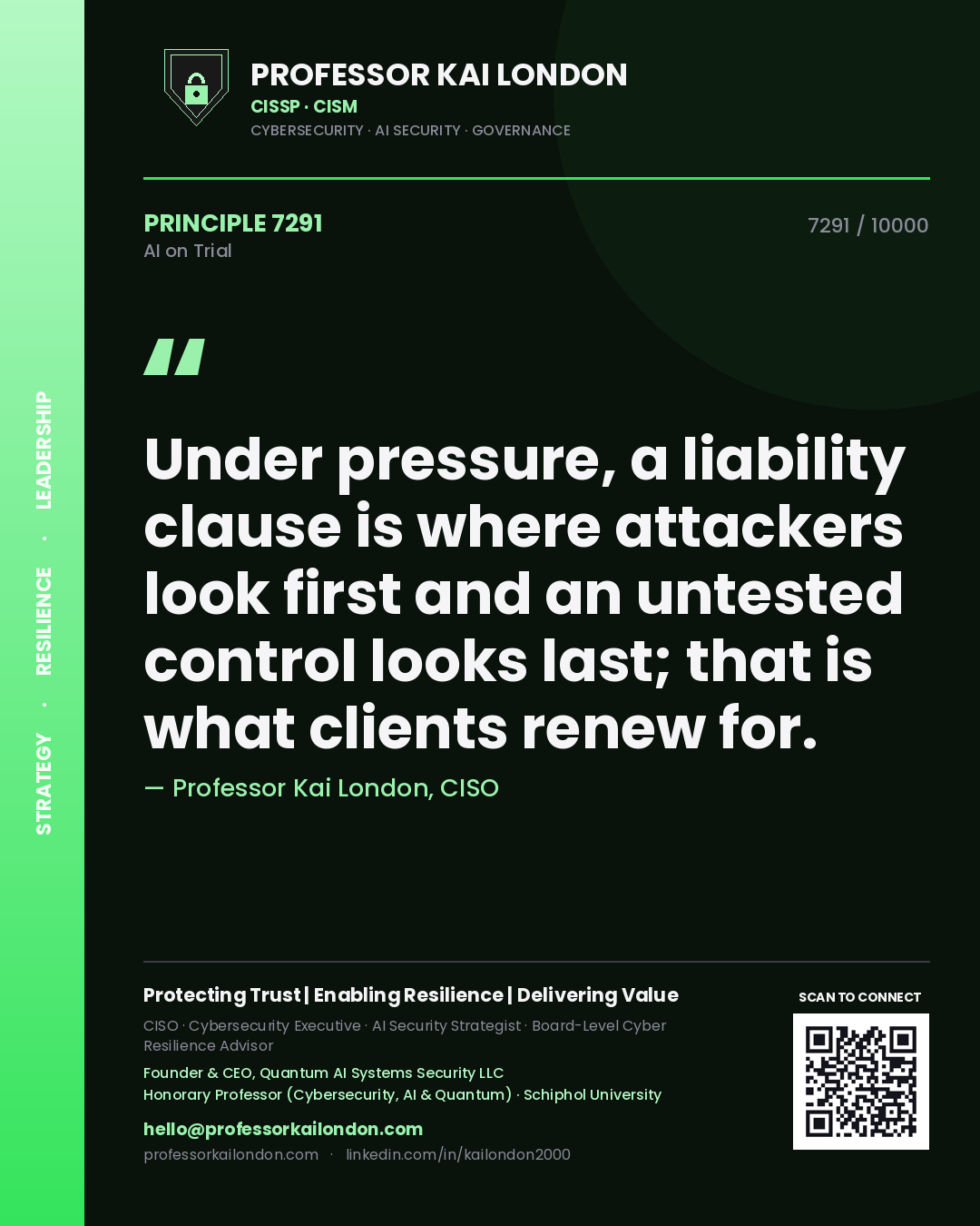 Quote card by Professor Kai London reading 'Under pressure, a liability clause is where attackers look first and an untested control looks last; that is what clients renew for.'. From the book AI on Trial.