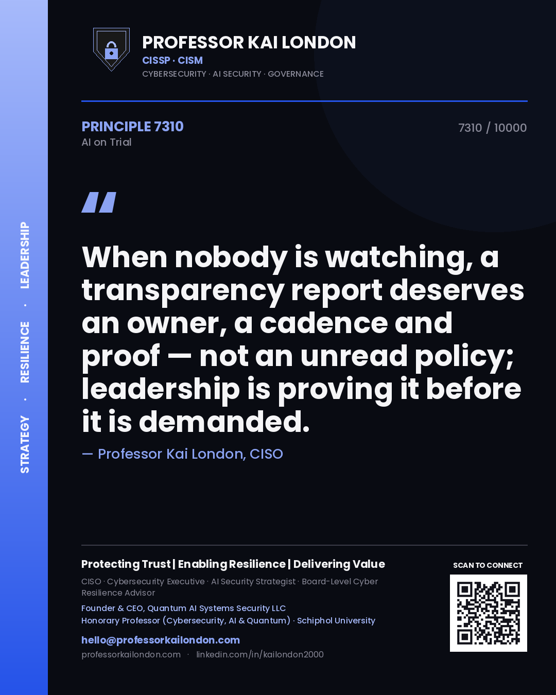 Quote card by Professor Kai London reading 'When nobody is watching, a transparency report deserves an owner, a cadence and proof — not an unread policy; leadership is proving it before it is demanded.'. From the book AI on Trial.