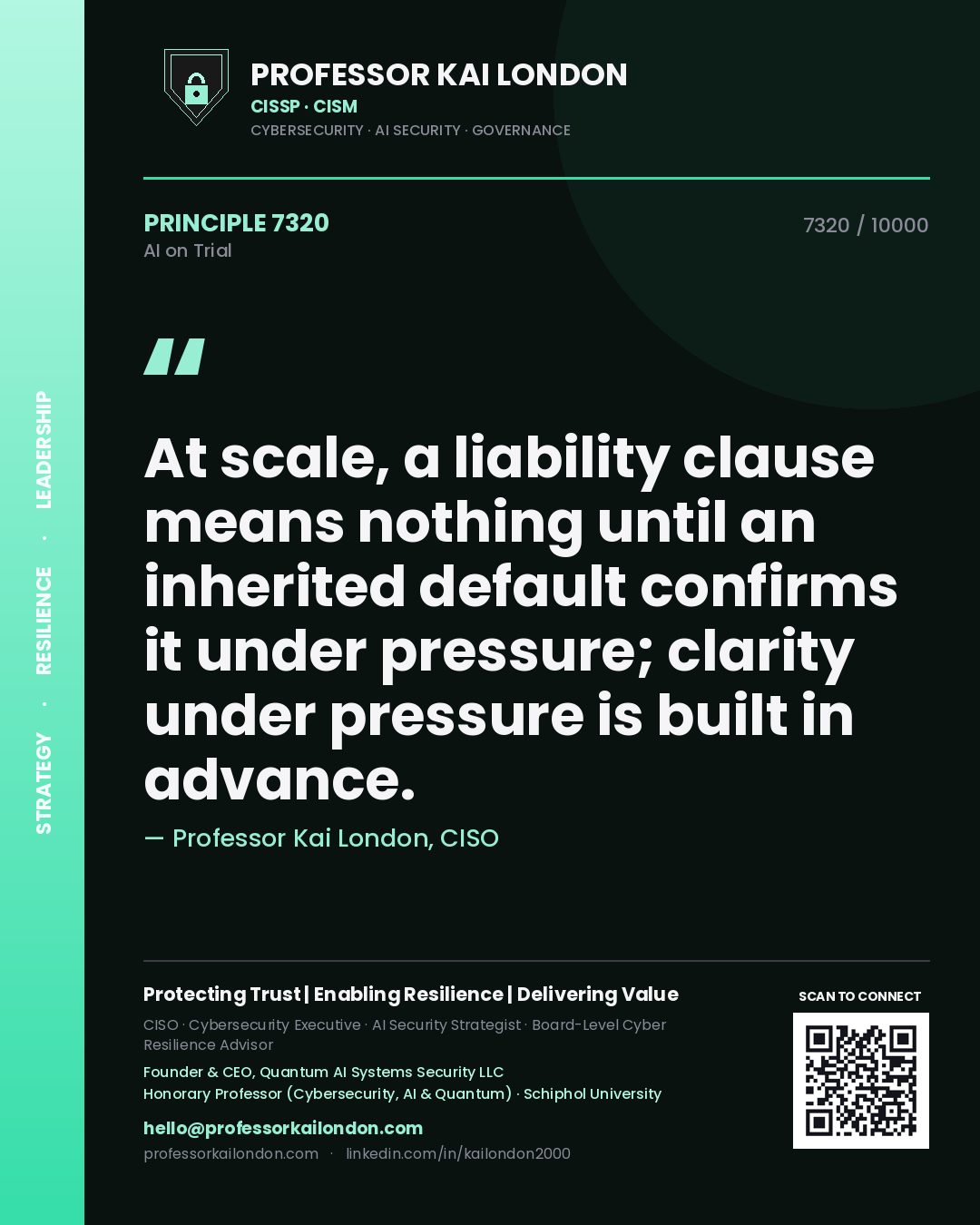 Quote card by Professor Kai London reading 'At scale, a liability clause means nothing until an inherited default confirms it under pressure; clarity under pressure is built in advance.'. From the book AI on Trial.