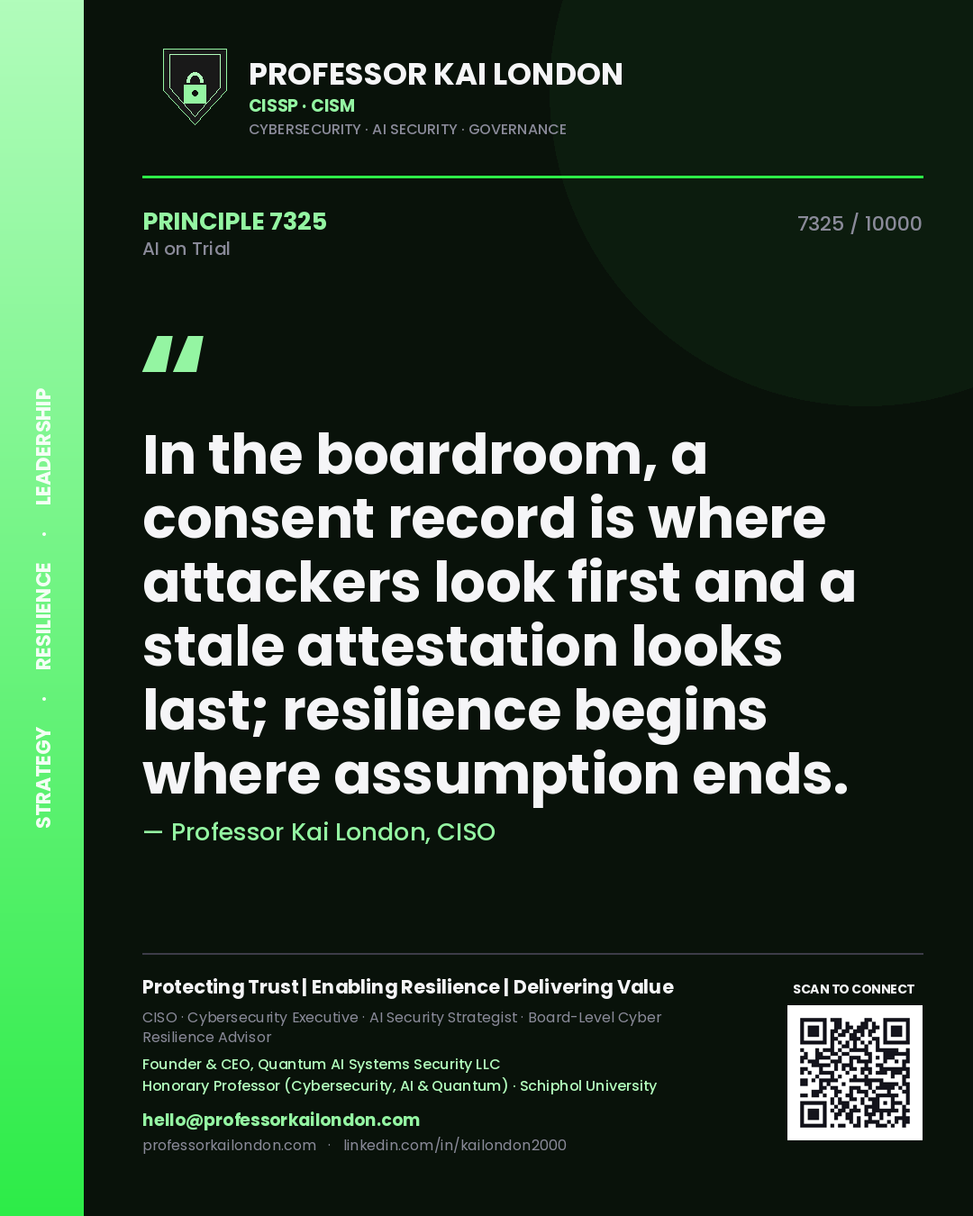 Quote card by Professor Kai London reading 'In the boardroom, a consent record is where attackers look first and a stale attestation looks last; resilience begins where assumption ends.'. From the book AI on Trial.