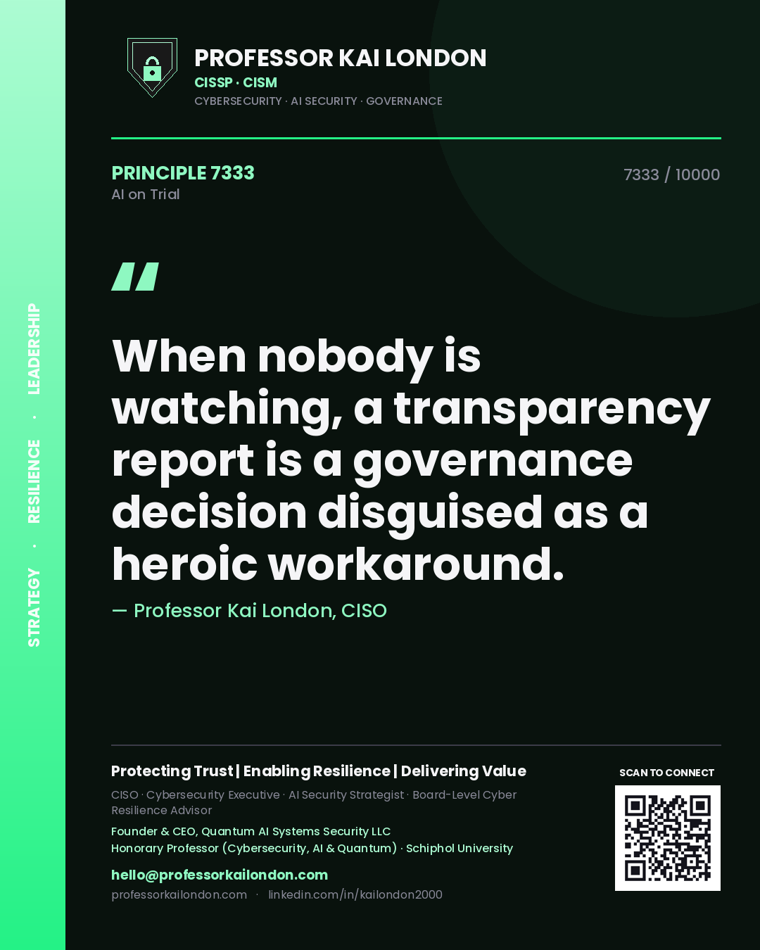 Quote card by Professor Kai London reading 'When nobody is watching, a transparency report is a governance decision disguised as a heroic workaround.'. From the book AI on Trial.